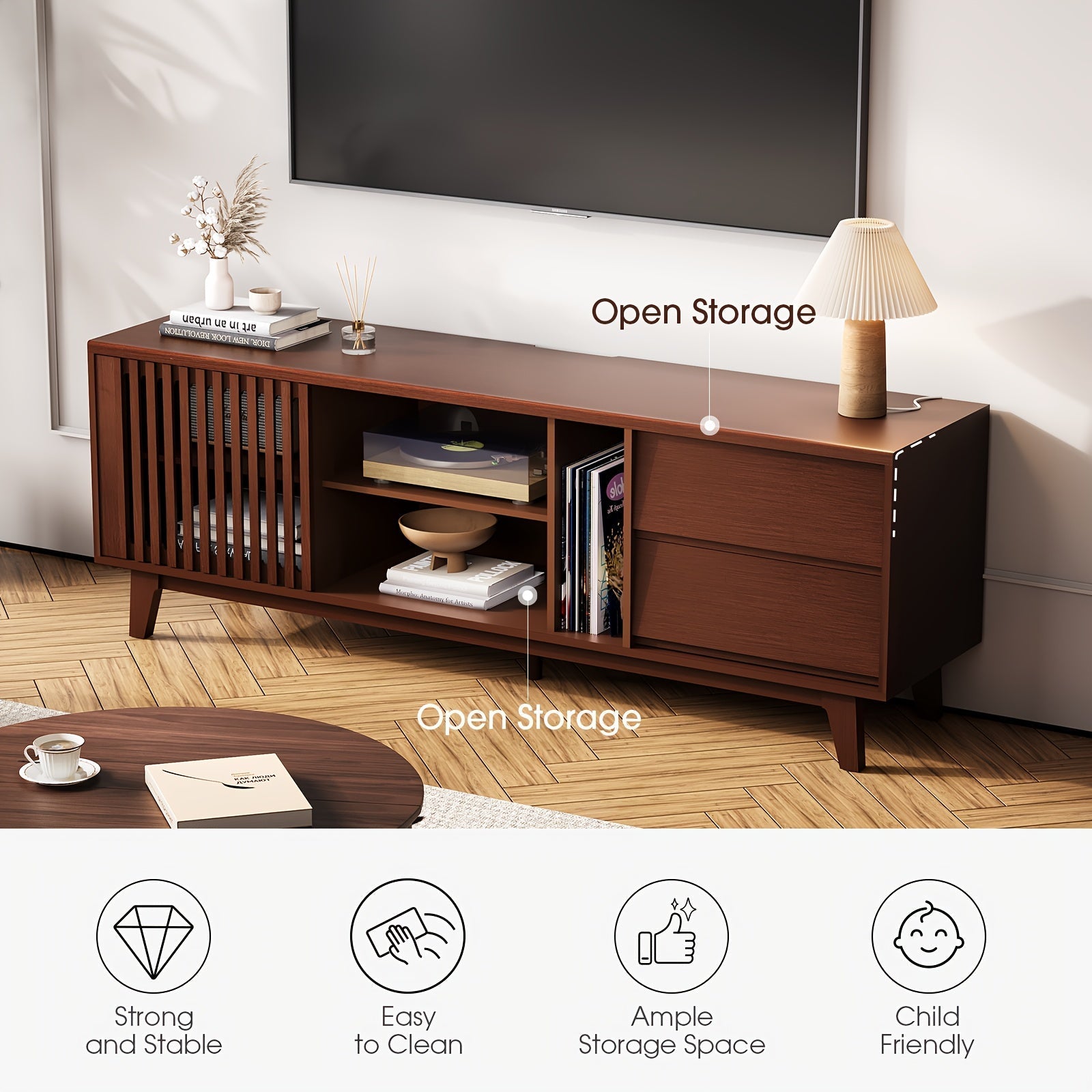 TV Cabinet for 75-inch and above TVs, with 2 drawers in medieval modern design, including storage cabinet in entertainment center, large retro media console, suitable for 66-inch long TV cabinet in living room - Walnut color