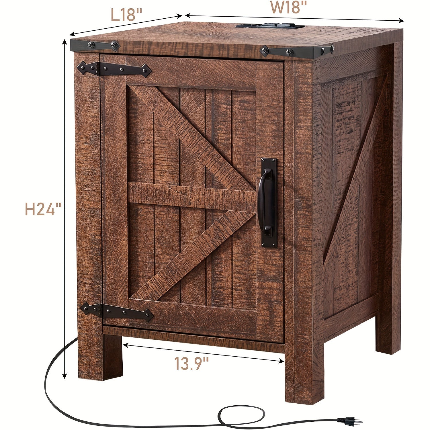 Nightstand w/Charging Station, 46cm Farmhouse End Table w/Barn Door and Adjustable Storage Shelf, Rustic Wood Sofa Side Table w/Magnetic Door for Living Room, Bedroom