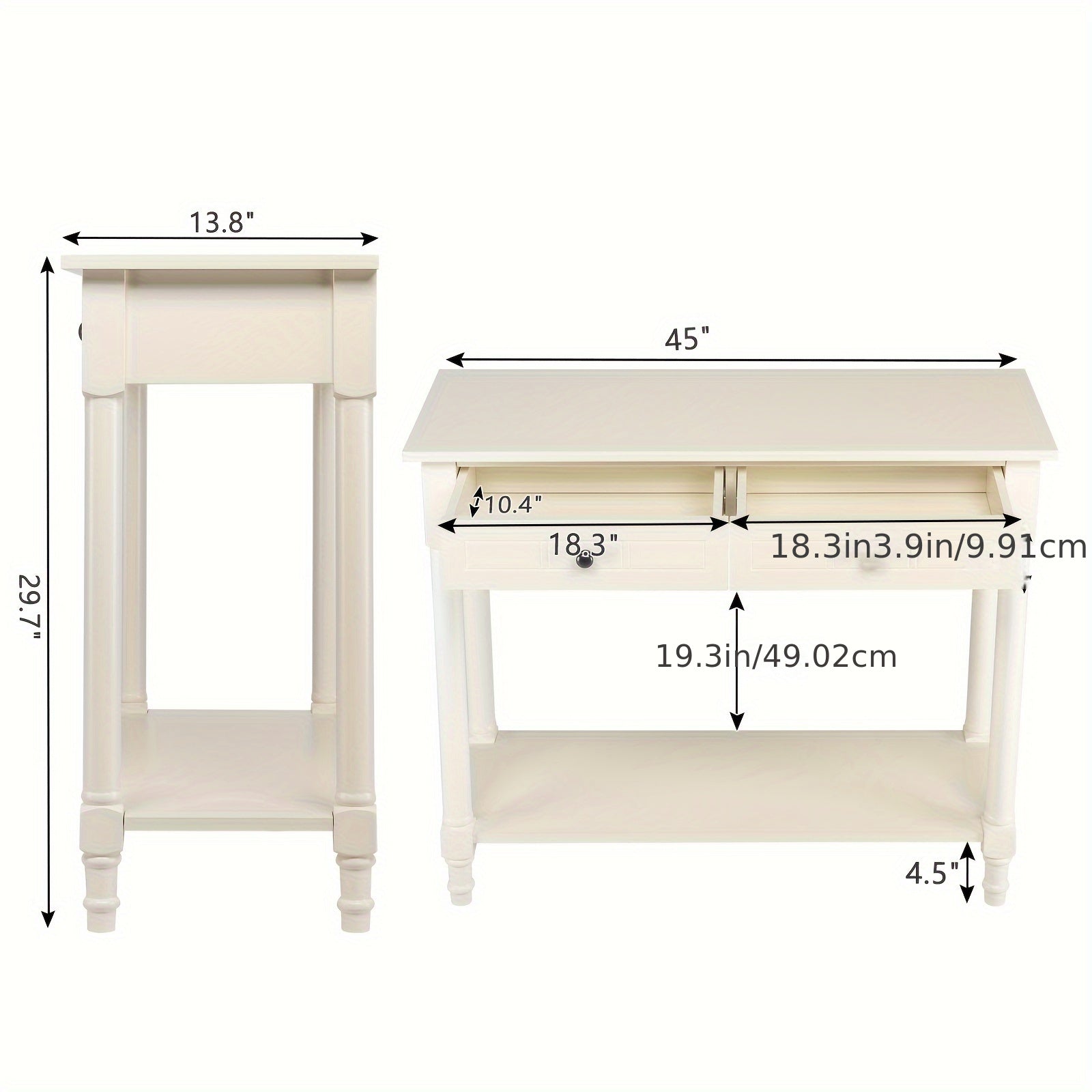 2-Tier Console Table with 2 Drawers, Console Tables for Entryway, Sofa Table with Storage Shelves, Entryway Table Behind Sofa Couch, for Living Room, Kitchen, Cream White (Dimensions in cm)