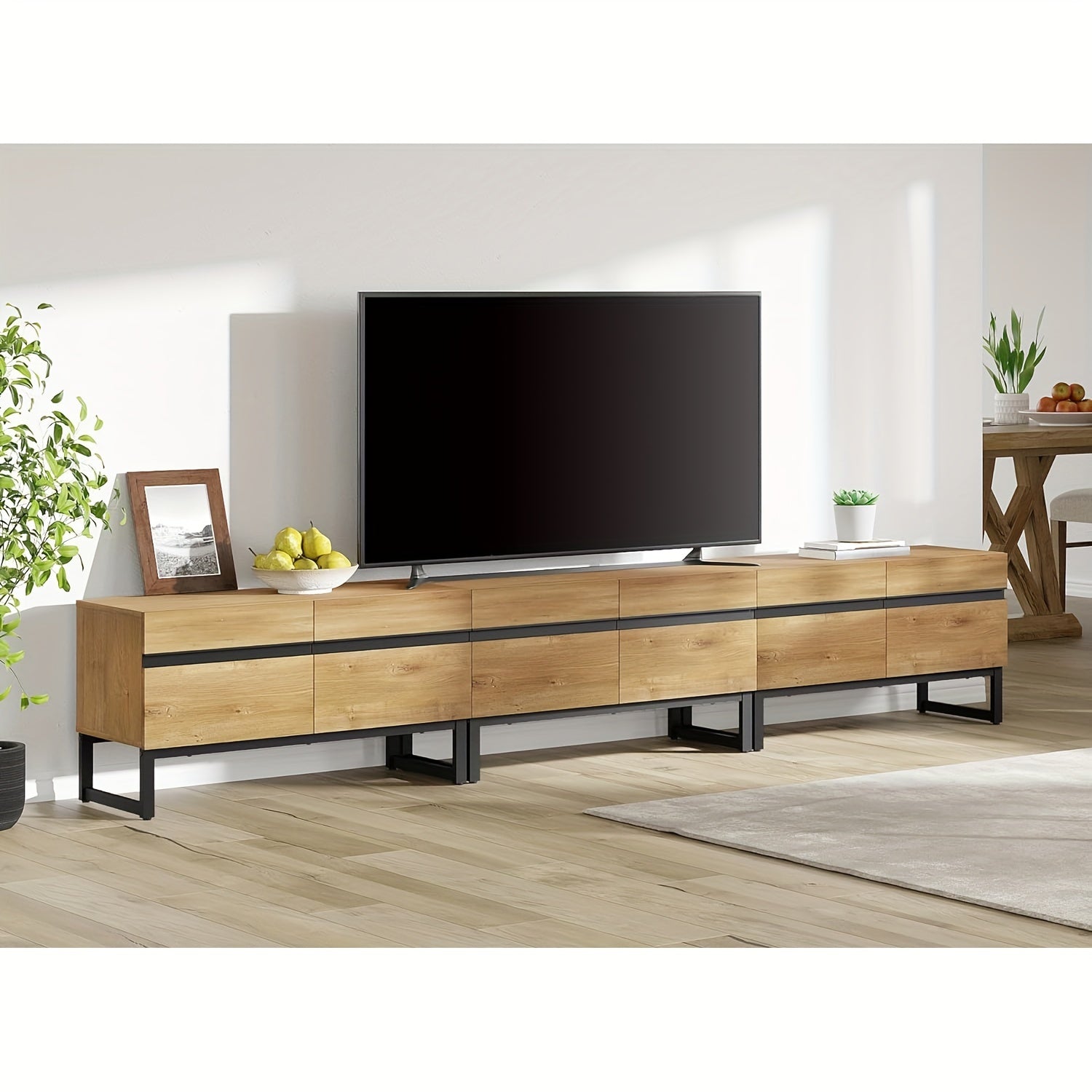 3 In 1 Modern TV Stand For TVs Up To 279cm, Wood Entertainment Center TV Console With Storage Cabinets And Metal Base, Media Console For Living Room, Brown