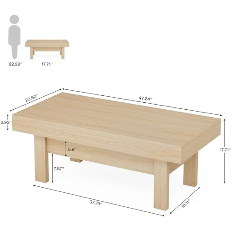 Contemporary 120cm Hardwood Coffee Table, Solid Wood & Wood-Based Panel Construction, Modern Farmhouse Style, Space-Saving Design, with No Electricity Required, for Living Room, Bedroom, Home Office