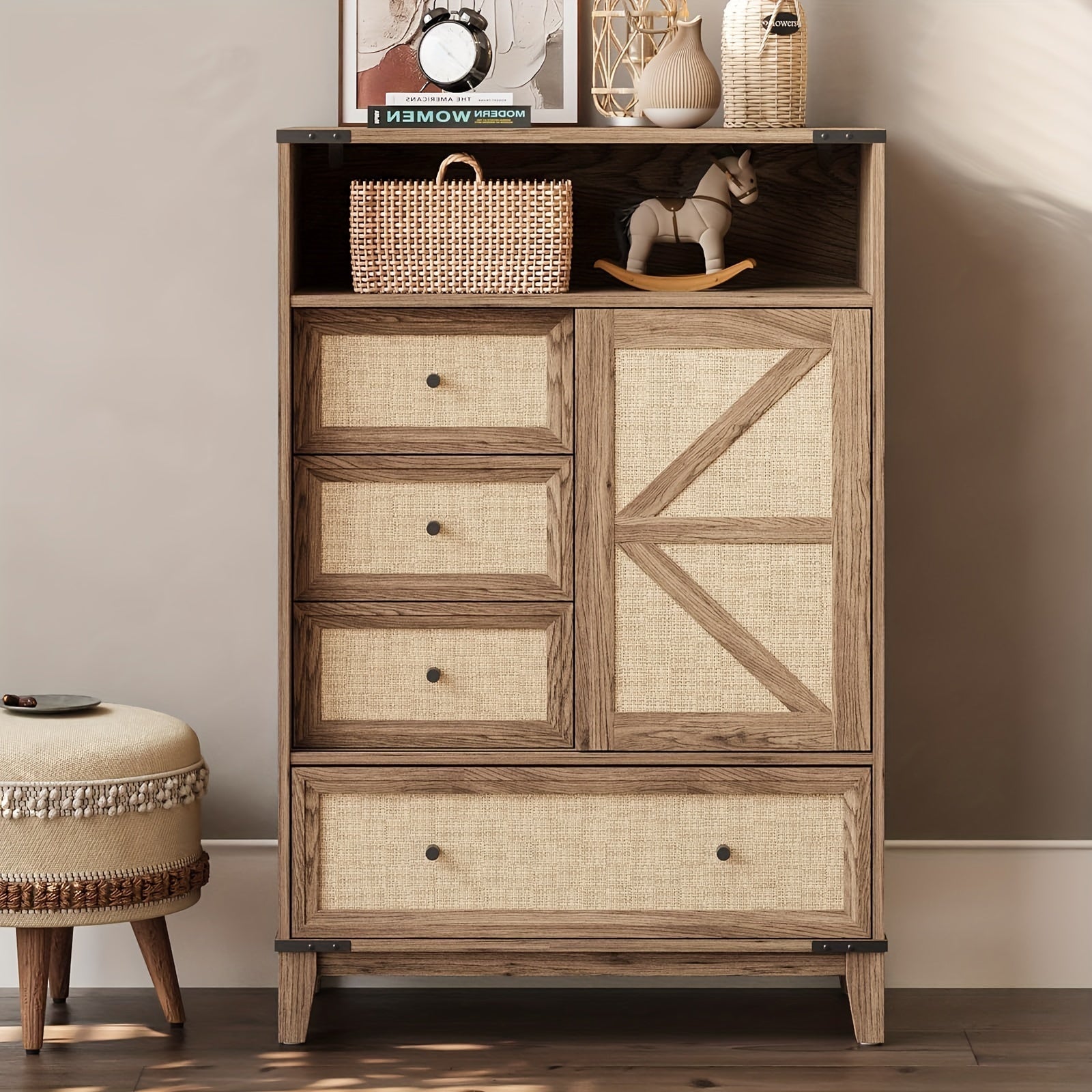 Rattan Dresser For Bedroom, Farmhouse Chest Of Drawers With Sliding Barn Door, Wood 4 Drawer Dresser With Open Storage For Bedroom, Living Room, Hallway, Nature