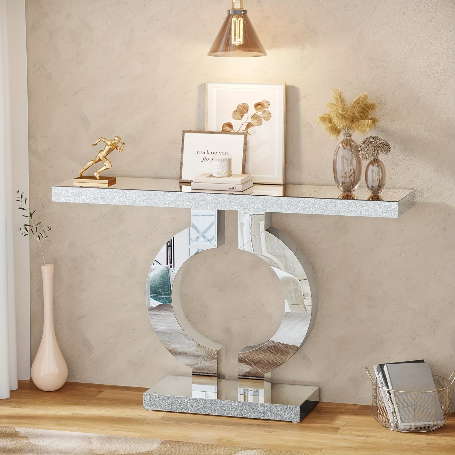 109.22 cm Mirrored Entryway Console Table with O-shape, Modern Slim Silvery Glass Sofa Table for Foyers or Living Rooms