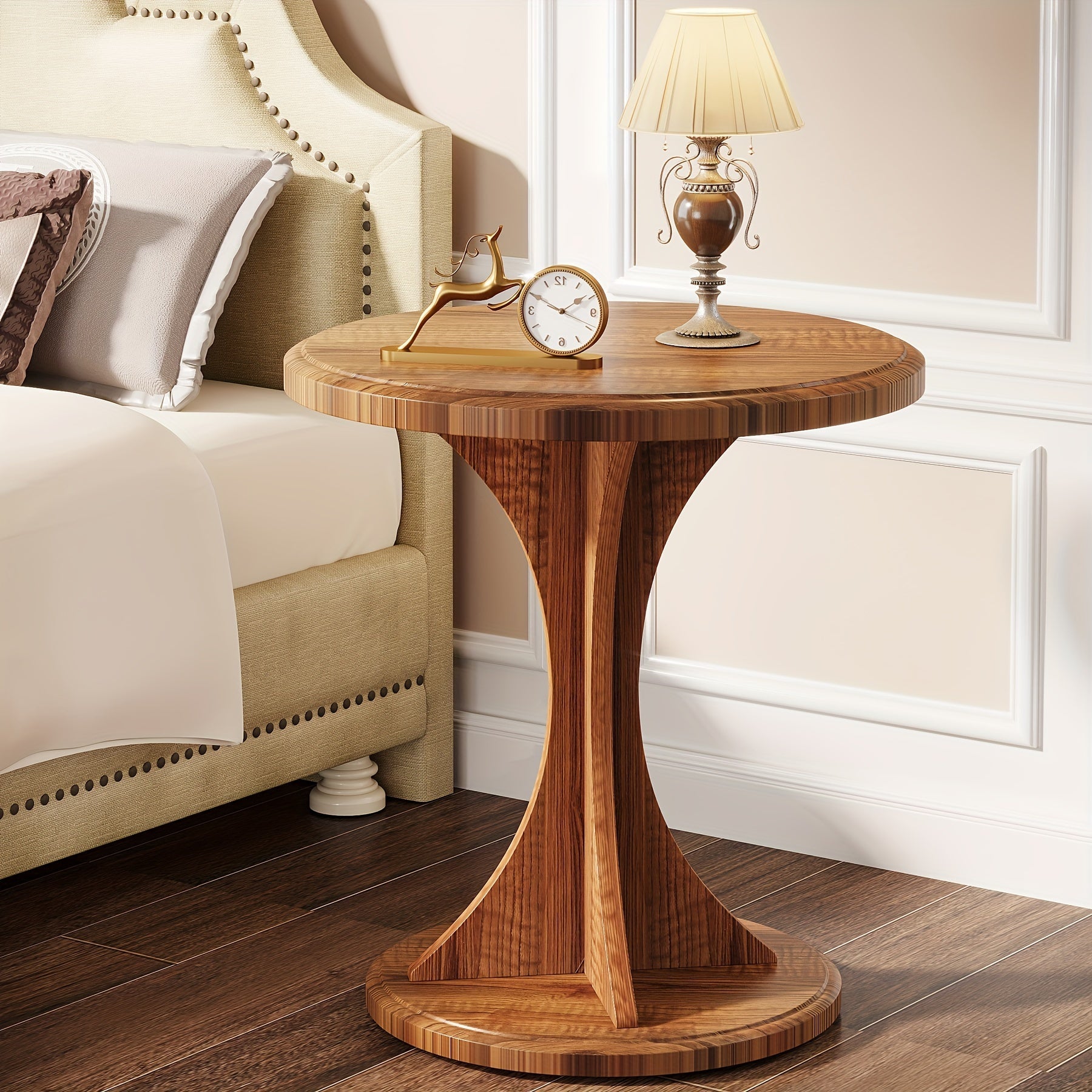 Round End Side Table, Wood Small Sofa Chair Side Table, Mid-Century Bedside Nightstand For Bedroom Living Room