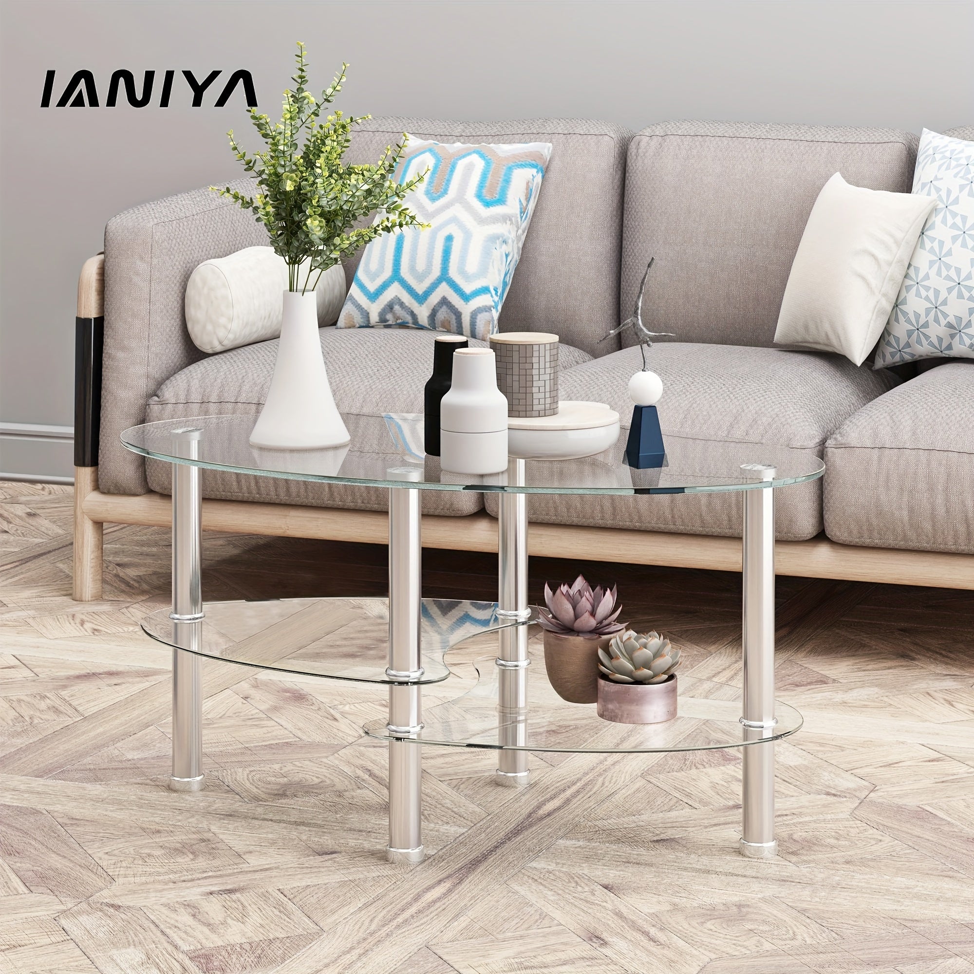 Transparent Oval glass coffee table, modern table with stainless steel leg, tea table 3-layer glass table for living room