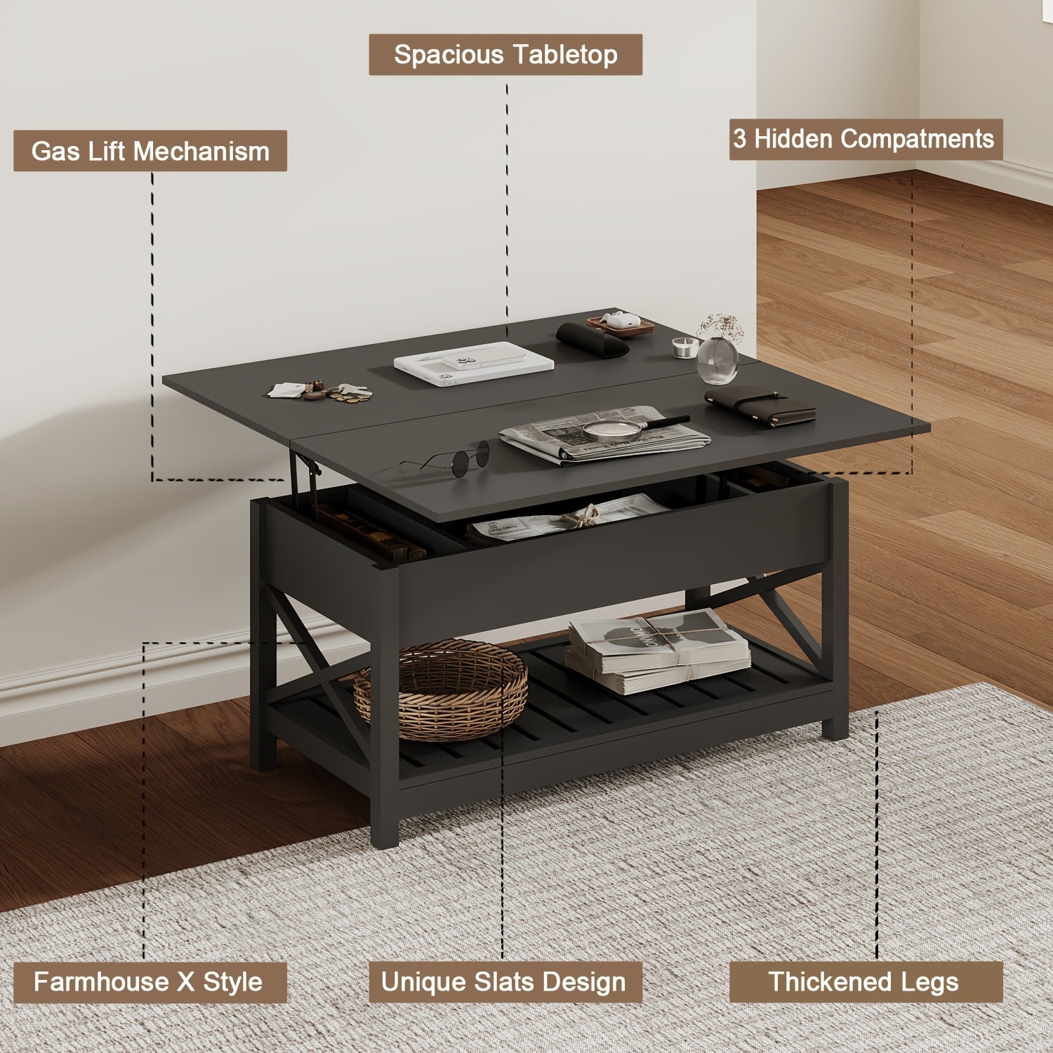 Versatile Farmhouse Coffee Table with Lift Top - Convertible to Dining, Storage & Hidden Compartment, Durable Wood Construction