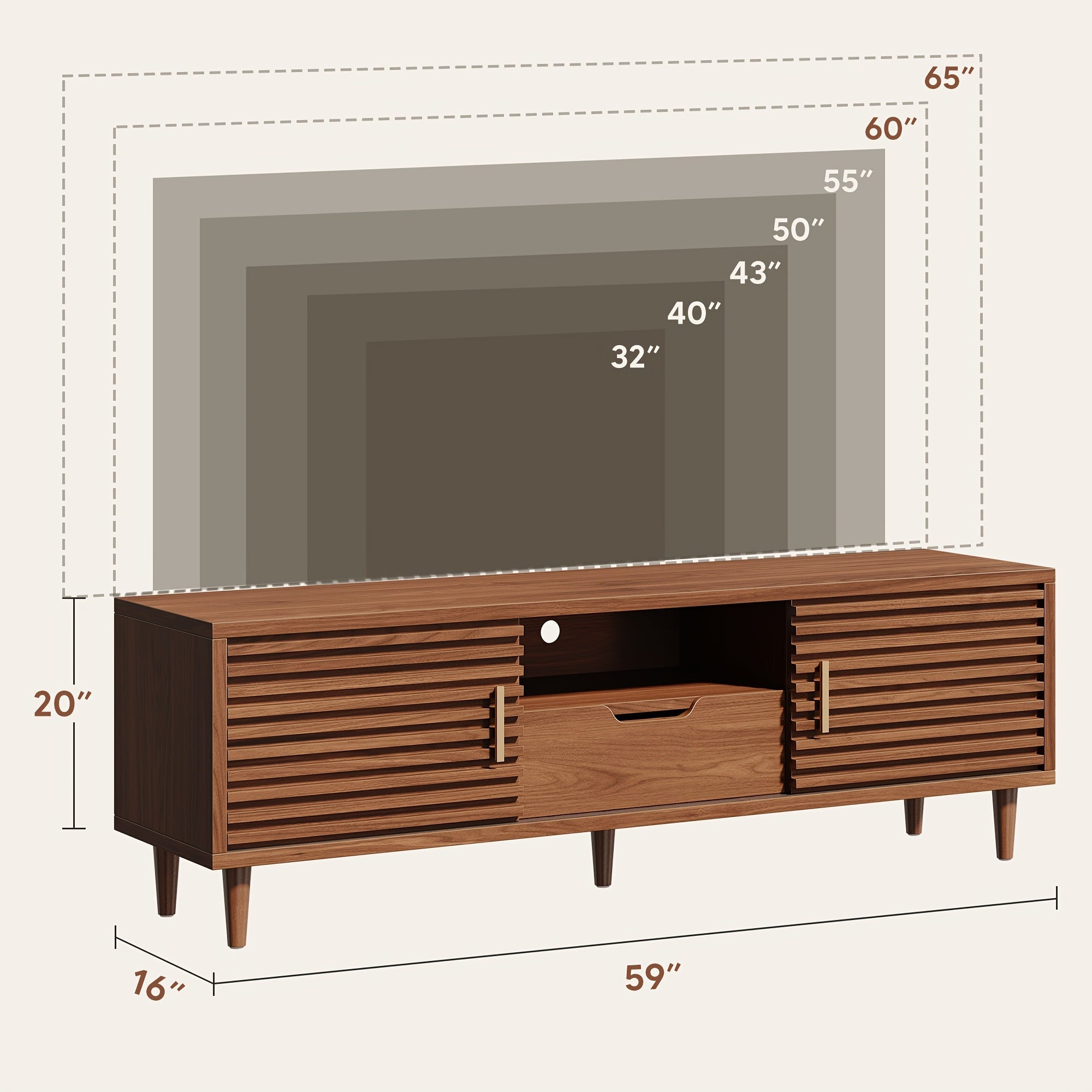 1pc Mid Century Modern Farmhouse TV Stand for 55/60/65 Inch TV - Entertainment Center with Storage, No Assembly Required, Faux Wood Material, Freestanding Media Console for Living Room