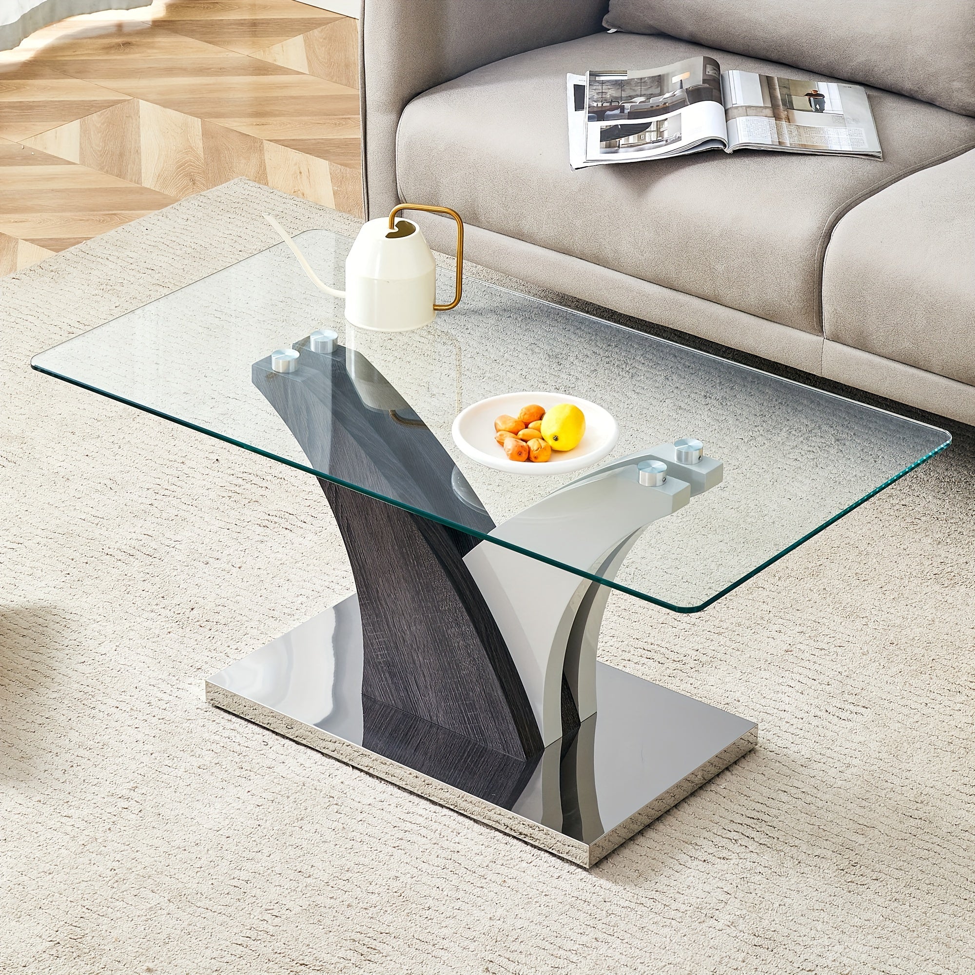 Rectangular Coffee Table With Tempered Glass Countertop, Stylish Tea Table With Round Table Corners And Artistic MDF Legs, Easy To Clean And Scratch Prevention, Perfect For Hosting Dinners, Conferences, Home, Living Room And