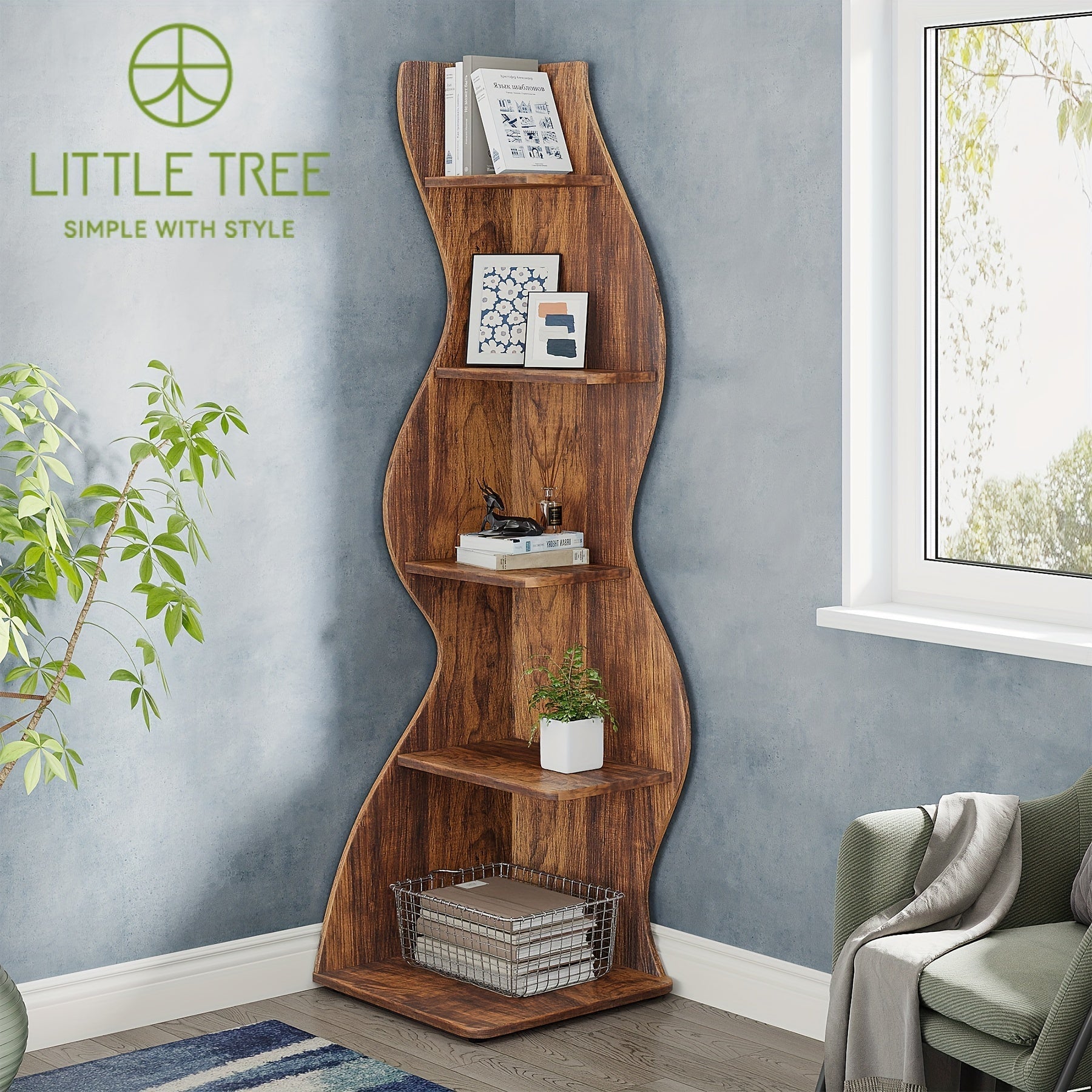 Rustic 5-Tier Wooden Corner Shelf - Space-Efficient Wall-Mounted Bookshelf with Unique Sea Grass Design, Perfect for Living Room & Home Office Decor, Sturdy Construction, Easy Assembly, Home Office Bookshelf|Rusti