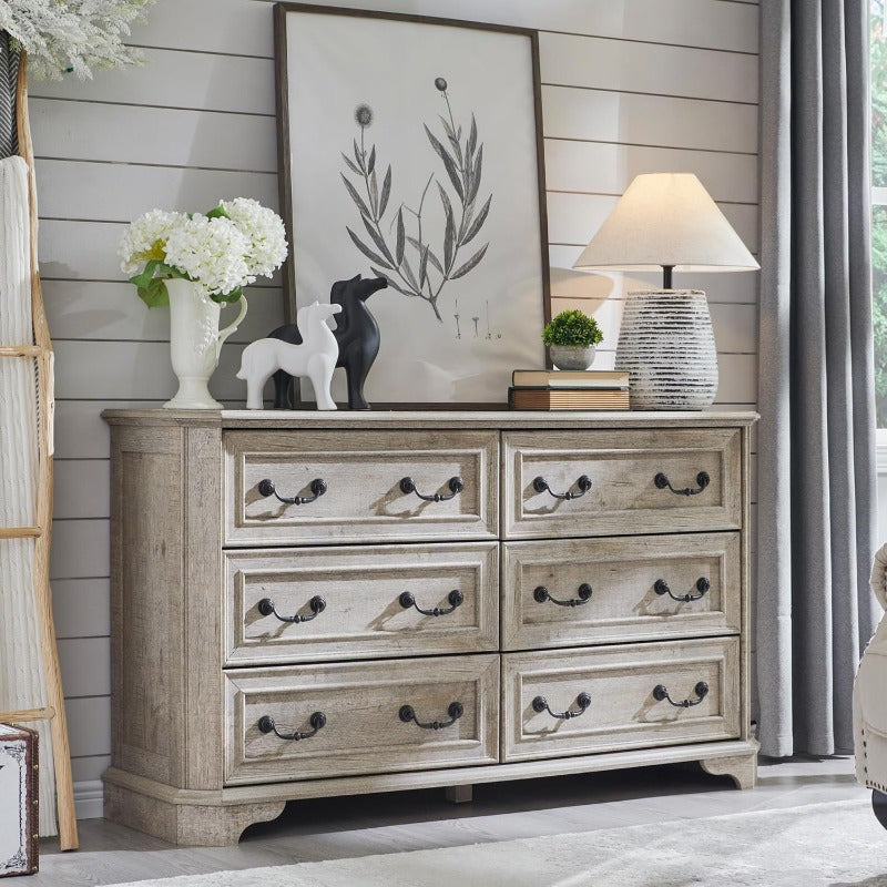 Charming Rustic Farmhouse 6-Drawer Dresser - 54" Wide, Antique White with Natural Wood Grain Finish, Beveled Edges for Safety & Style, Spacious Storage Organizer for Bedroom and Living Room