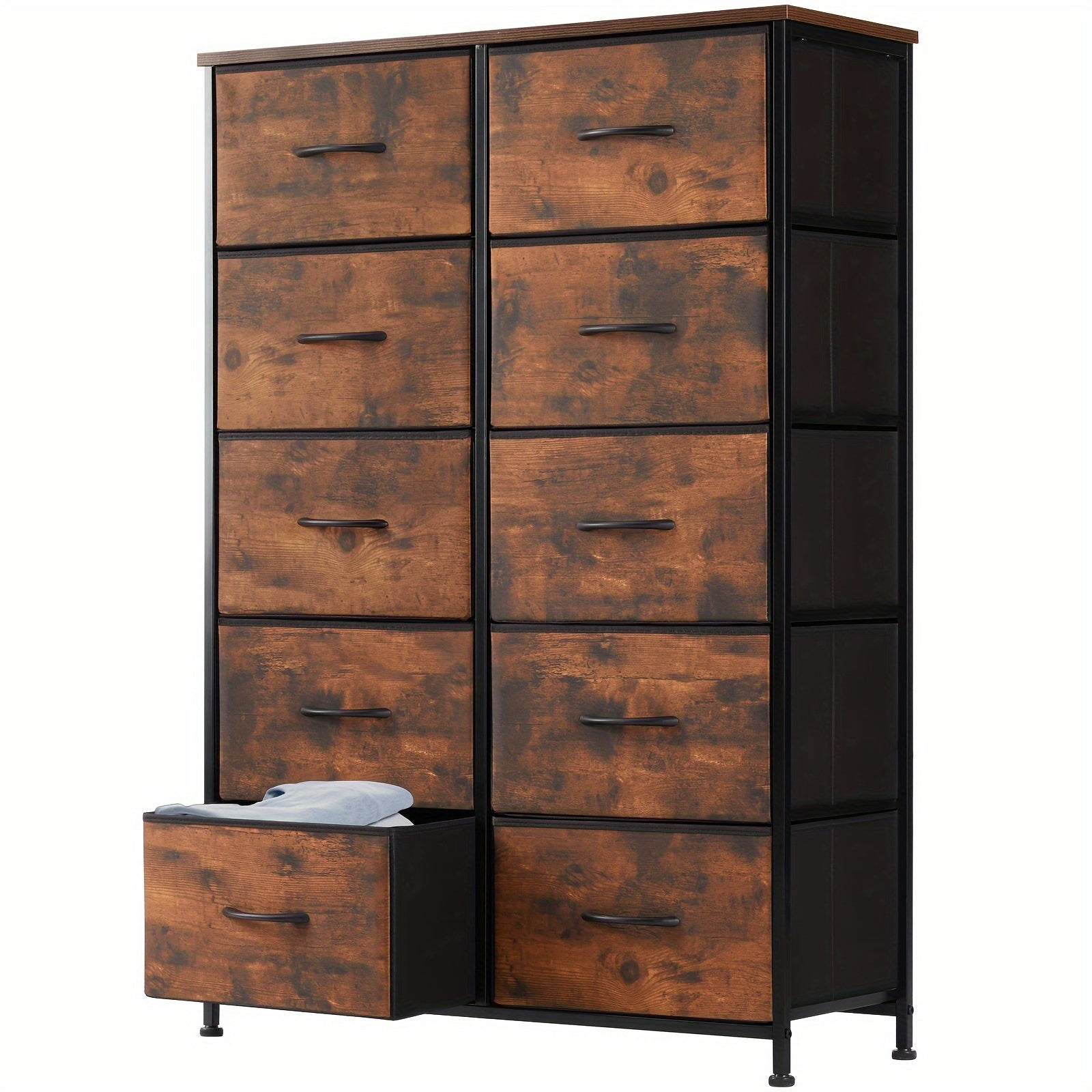 Dresser For Bedroom 10 Drawers, Storage Chest Of Drawers With Fabric Bins, Tall Dresser With Sturdy Steel Frame Clothes Organizer Wood Top For Closet, Hallway, Living Room, Display Stands, Risers