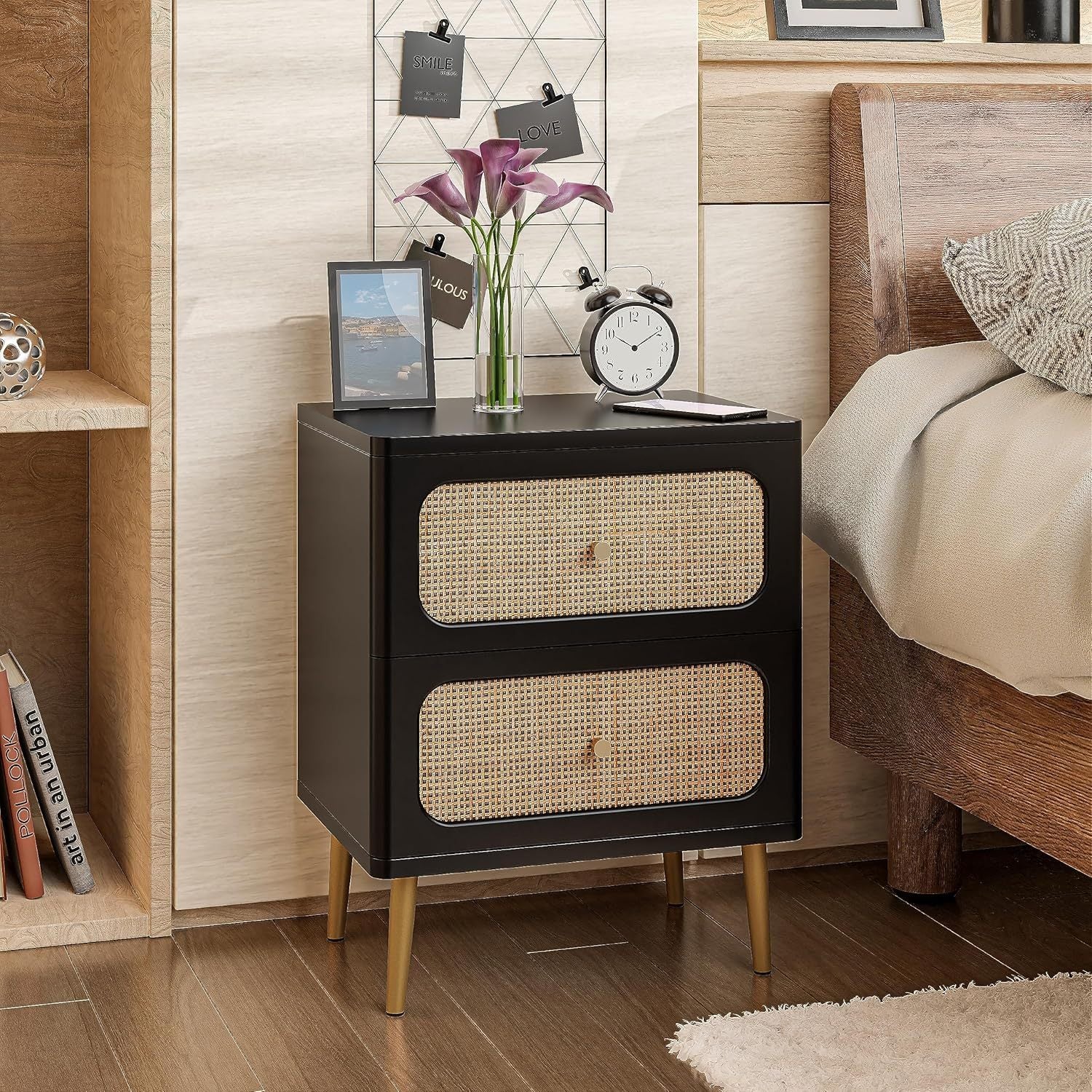 Chic Black 2-Drawer Bedside Table with Wicker Rattan Detailing - Space-Saving, Mid-Century Modern Design with Boho Charm, Smooth Glide Metal Legs & Brass Knobs for Nightstand, End Table in Small Spaces