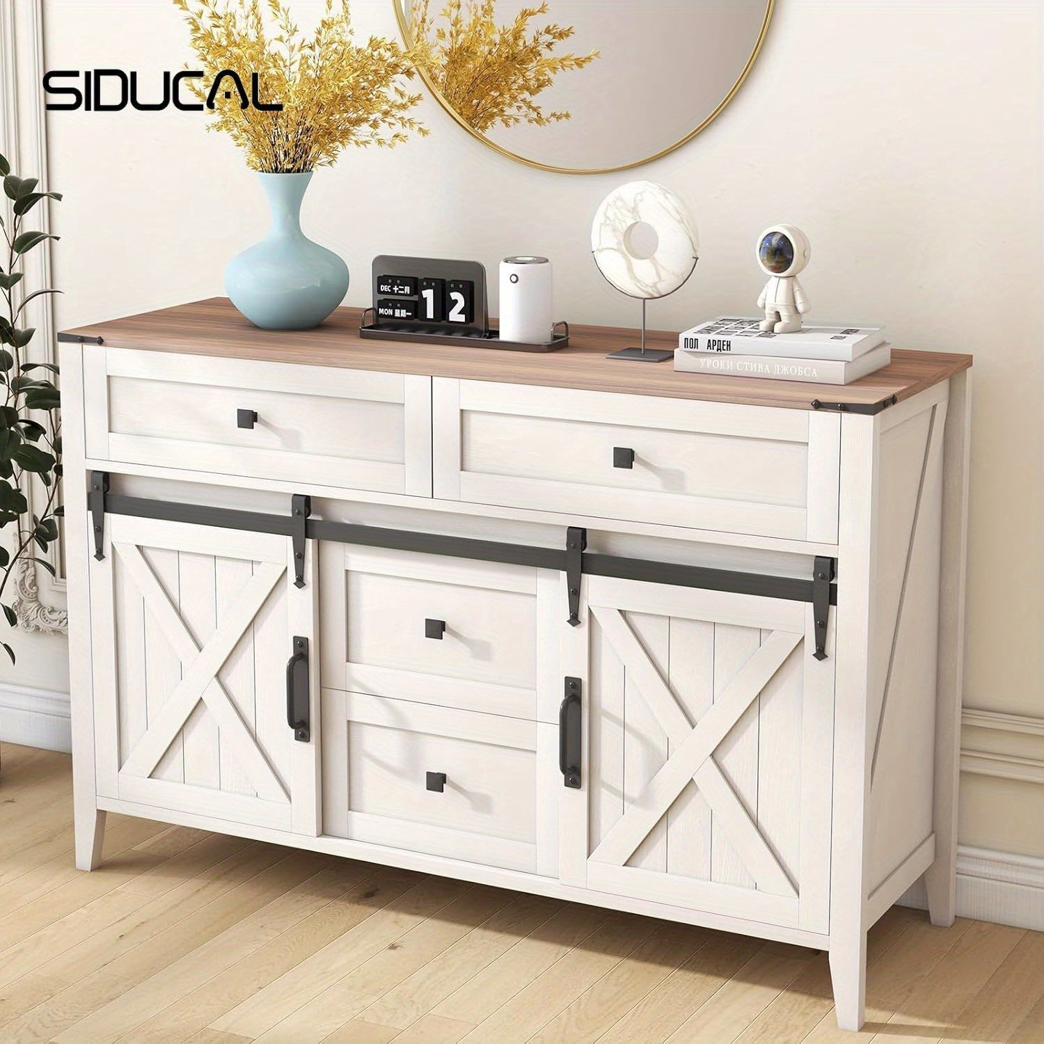 Farmhouse Dresser for Bedroom, 120cm Sliding Barn Door Wood Texture Rustic Chest of Drawers 4 Drawers Dresser TV Stand for Bedroom, Neoclassical White