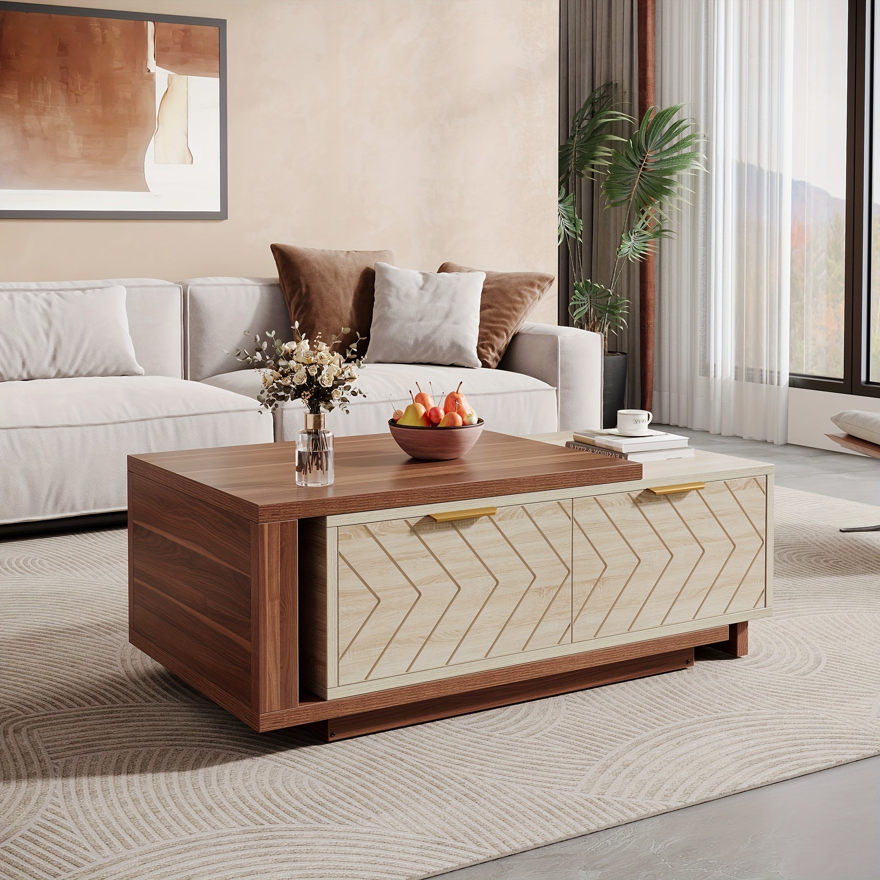 Expandable Wooden Coffee Table With Dual Storage Drawers, Featuring Dual-Tone Centerpiece & Sliding Tabletop, Versatile Hidden Compartment Rectangle Cocktail Table Ideal For Living Spaces