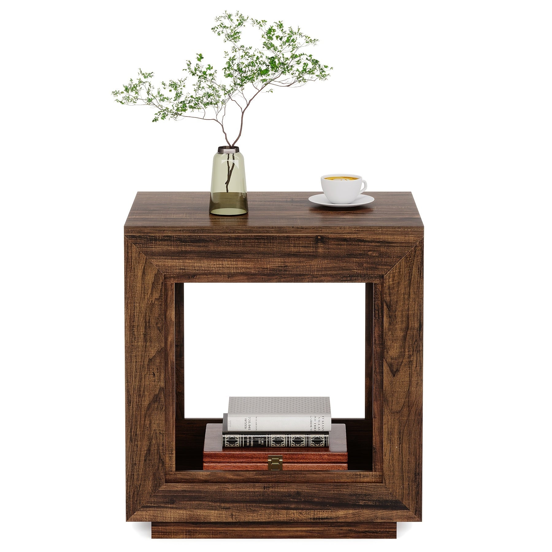 Charming 64cm Farmhouse End Table with Storage - Rustic Dark Wood Finish, 2-Tier Side Table for Living Room or Bedroom, Space-Saving Design with Ample Top Surface & Under-Table Shelf for Books and Decor, Compact Side Table|Rus