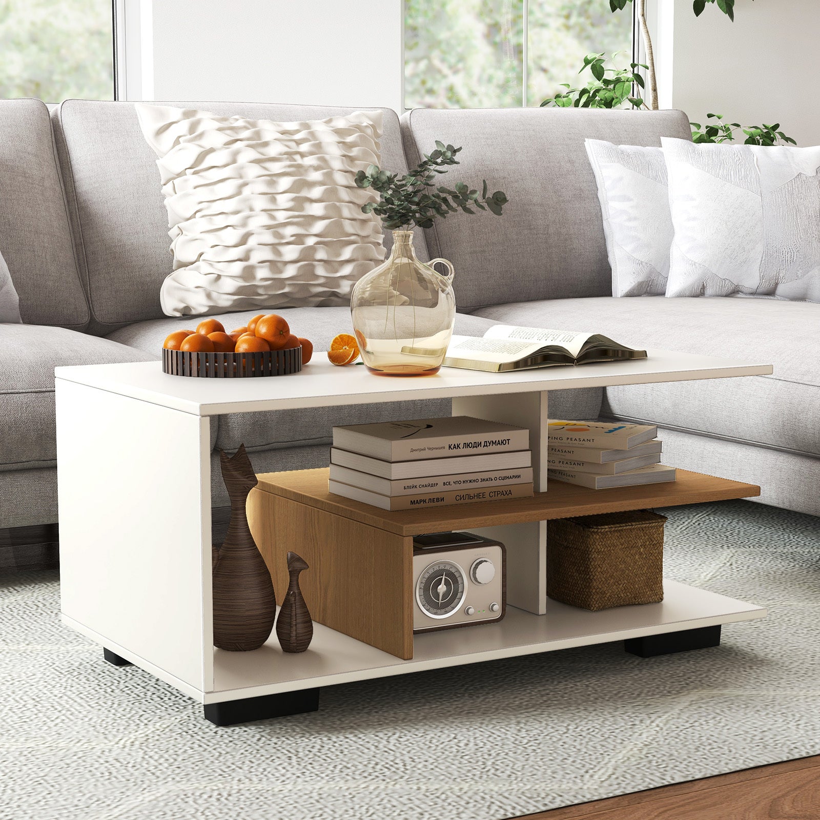 Modern Geometric Coffee Table with Storage - 3-Tier Rectangular Centerpiece, L-Shaped Shelf, Durable Hardwood Construction for Living Room