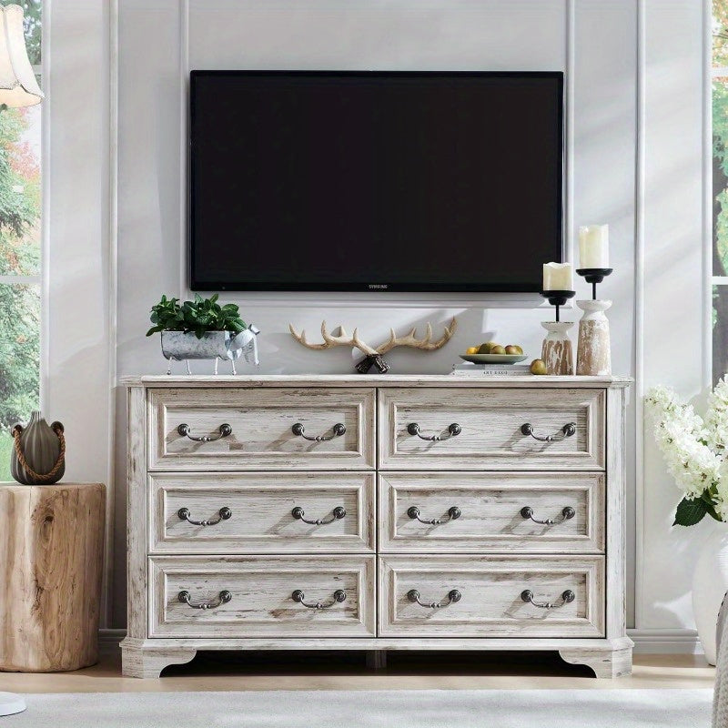 Charming Rustic Farmhouse 6-Drawer Dresser - 54" Wide, Antique White with Natural Wood Grain Finish, Beveled Edges for Safety & Style, Spacious Storage Organizer for Bedroom and Living Room