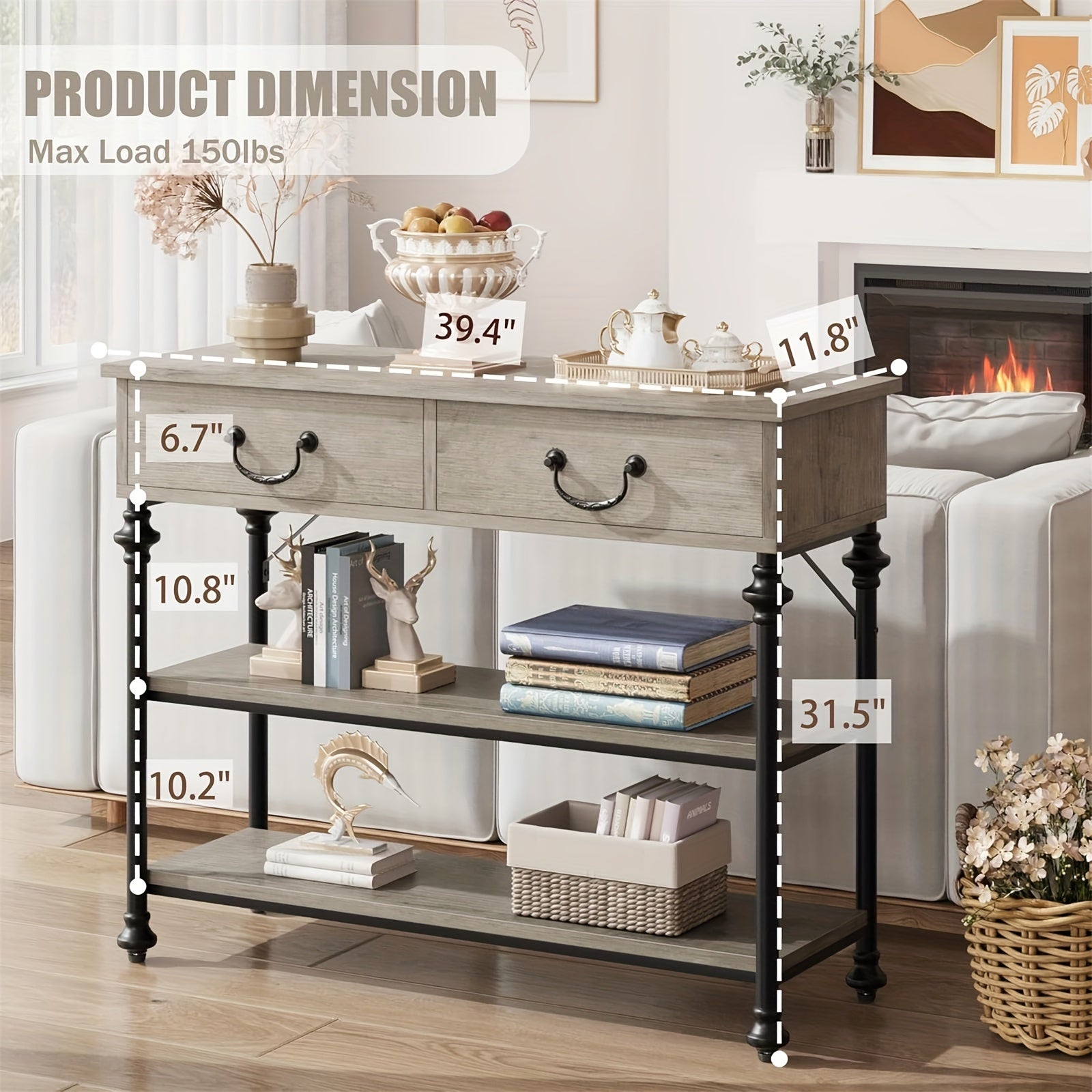 Console Table with Drawers, Narrow Entryway Sofa Table with Storage, 100 cm Behind Couch Table, Industrial Hallway Table for Living Room, Foyer, Bedroom, Rustic Gray