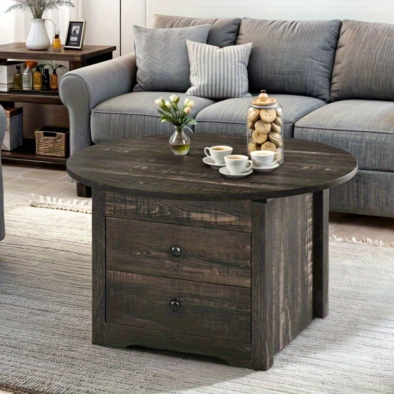 Round Lift Coffee Table, Living Room Coffee Table with Storage Space, 2-drawer and Hidden Storage Space Farmhouse Coffee Table, Dark Vintage Oak Center Table