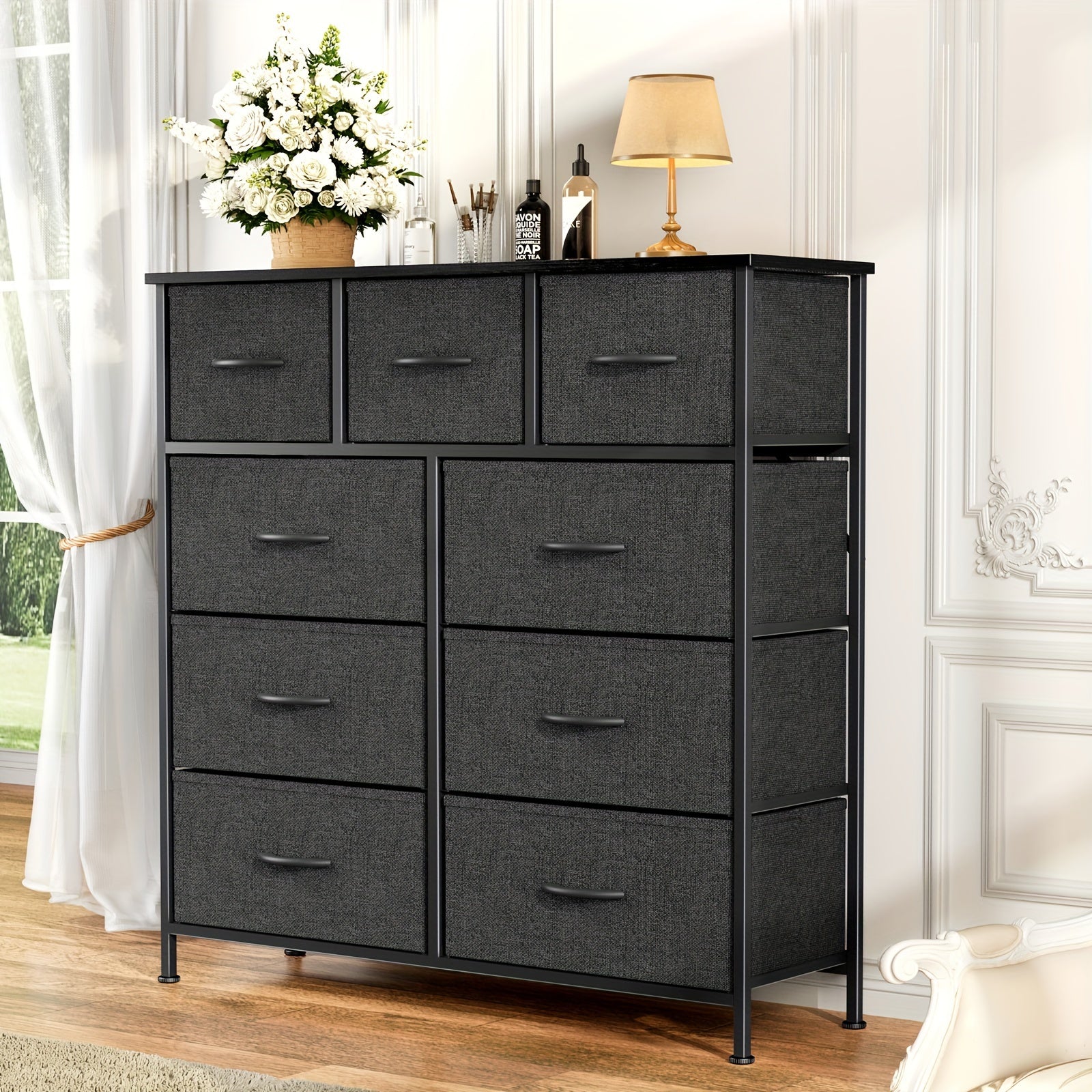 Dresser With 9 Drawers Fabric Storage Tower, Storage Cabinet Organizer Unit For Lab, Living Room, Hallway, Closets & Nursery - Sturdy Steel Frame, Wooden Top & Anti-tilt Function