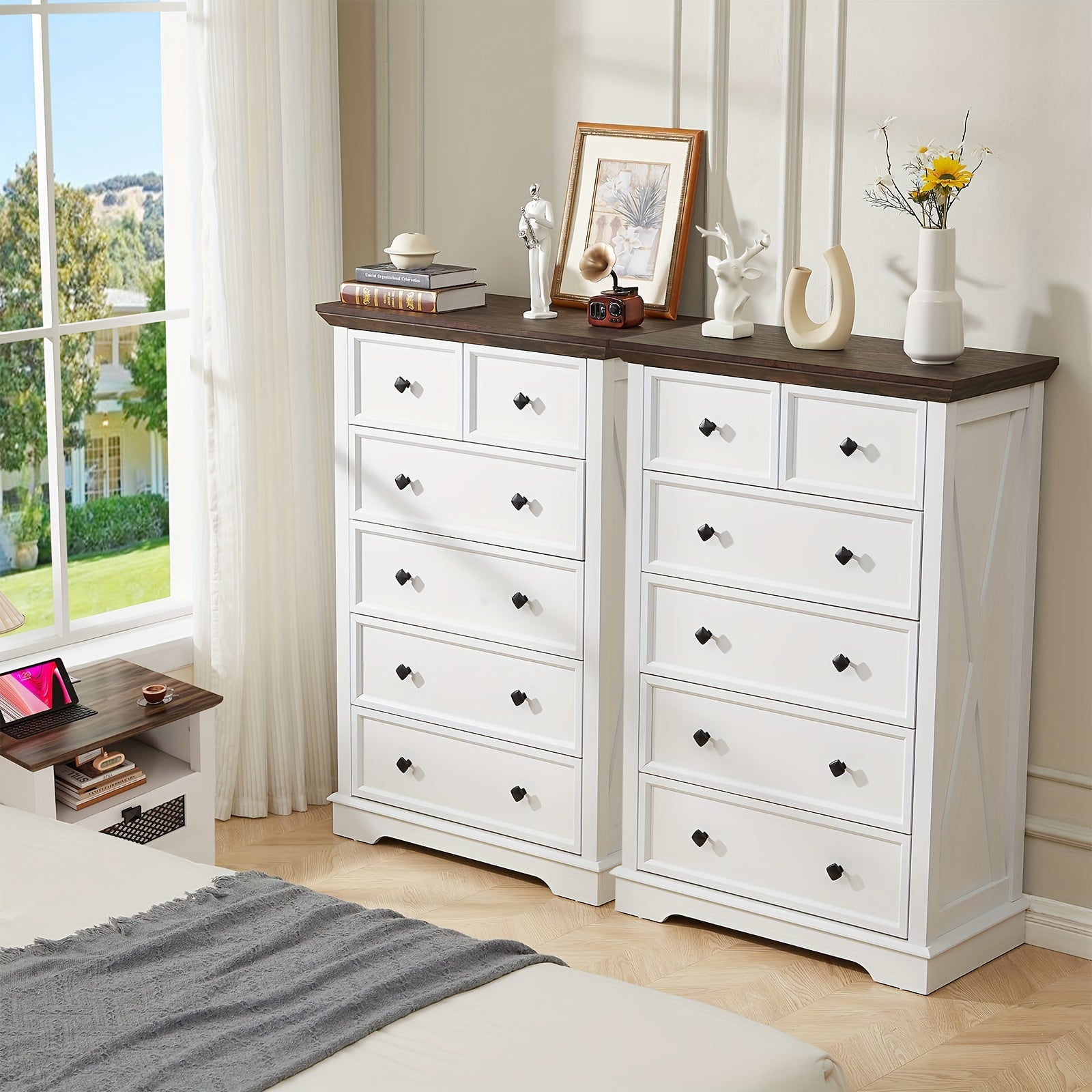 1pc Farmhouse Style 6-Drawer Dresser, 122cm Tall Hardwood & Artificial Board Chest, White Storage Cabinet for Bedroom, Living Room, Entryway - Independent, No Electricity Needed