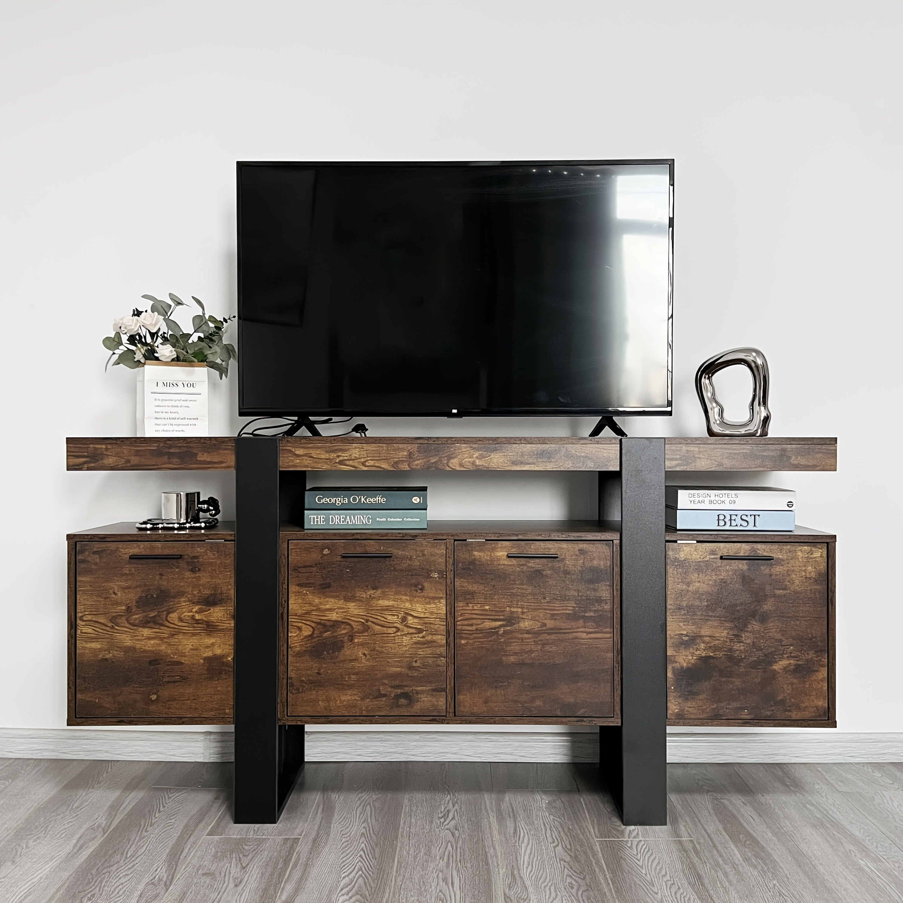 Rustic Farmhouse TV Stand - 81cm Tall, Fits 75+ Inch TVs, with 4 Drawers & Sliding Barn Door, Wooden Media Console with Storage Shelves for Home Entertainment, Brown