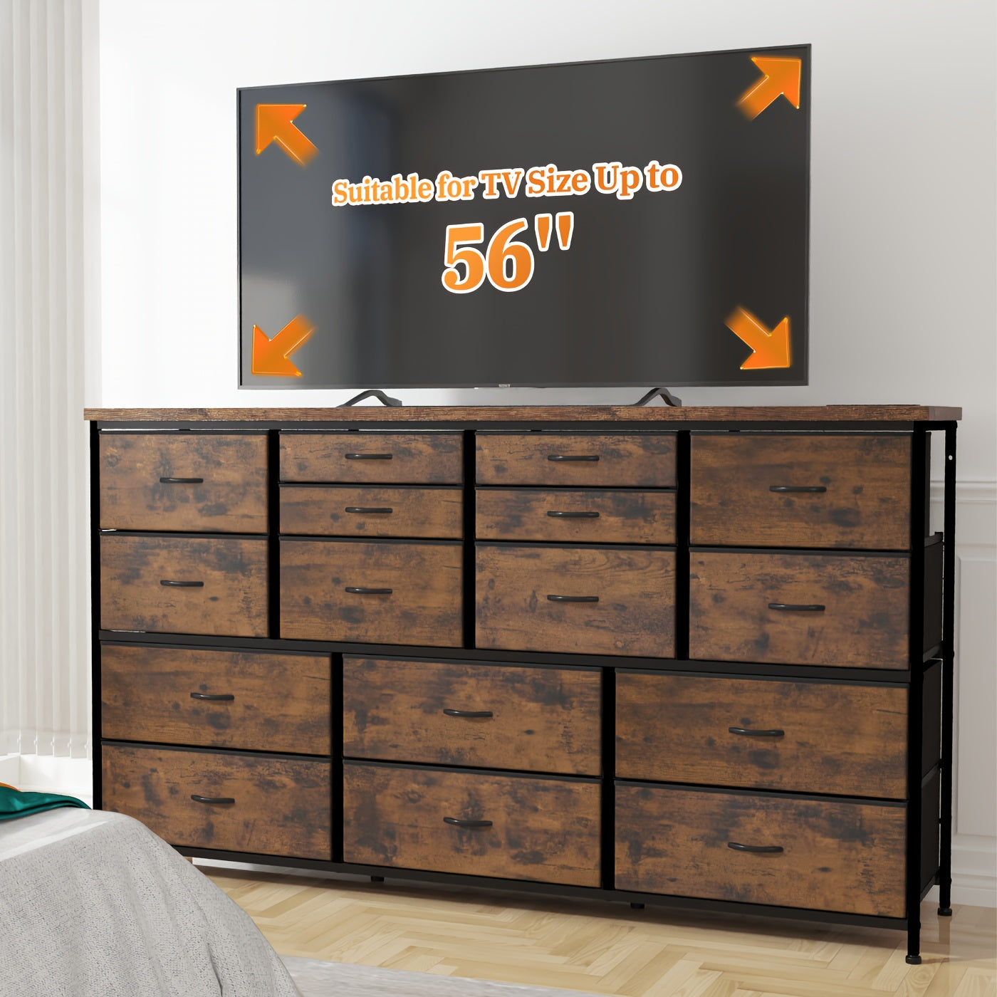 TV Stand Dresser for 152cm TV Stand with Charging Station TV Stands for Living Room Long Dresser for Bedroom TV Stand with 16 Drawers Storage TV Stand for Bedroom Dresser 51.1''W*11.8''D*34.8''H