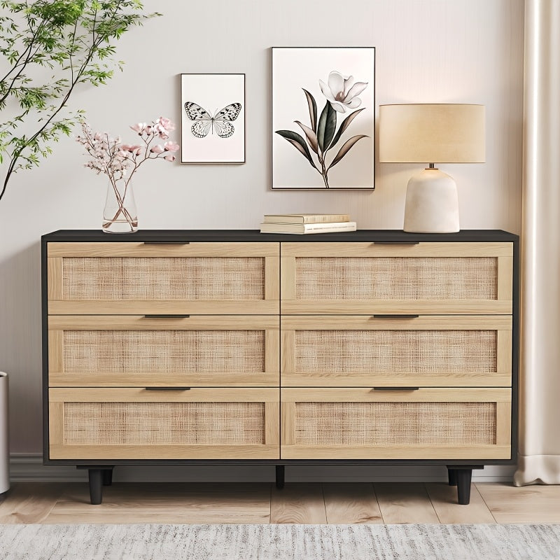 Rattan Dresser For Bedroom, 6 Drawer Wide Dresser, Boho&Farmhouse Chest Of Drawers, 43" Clothes Storage Cabinet, Metal Handle&Wood Legs For Hallway, Living Room, Bedroom, Black, Storage Drawer Units