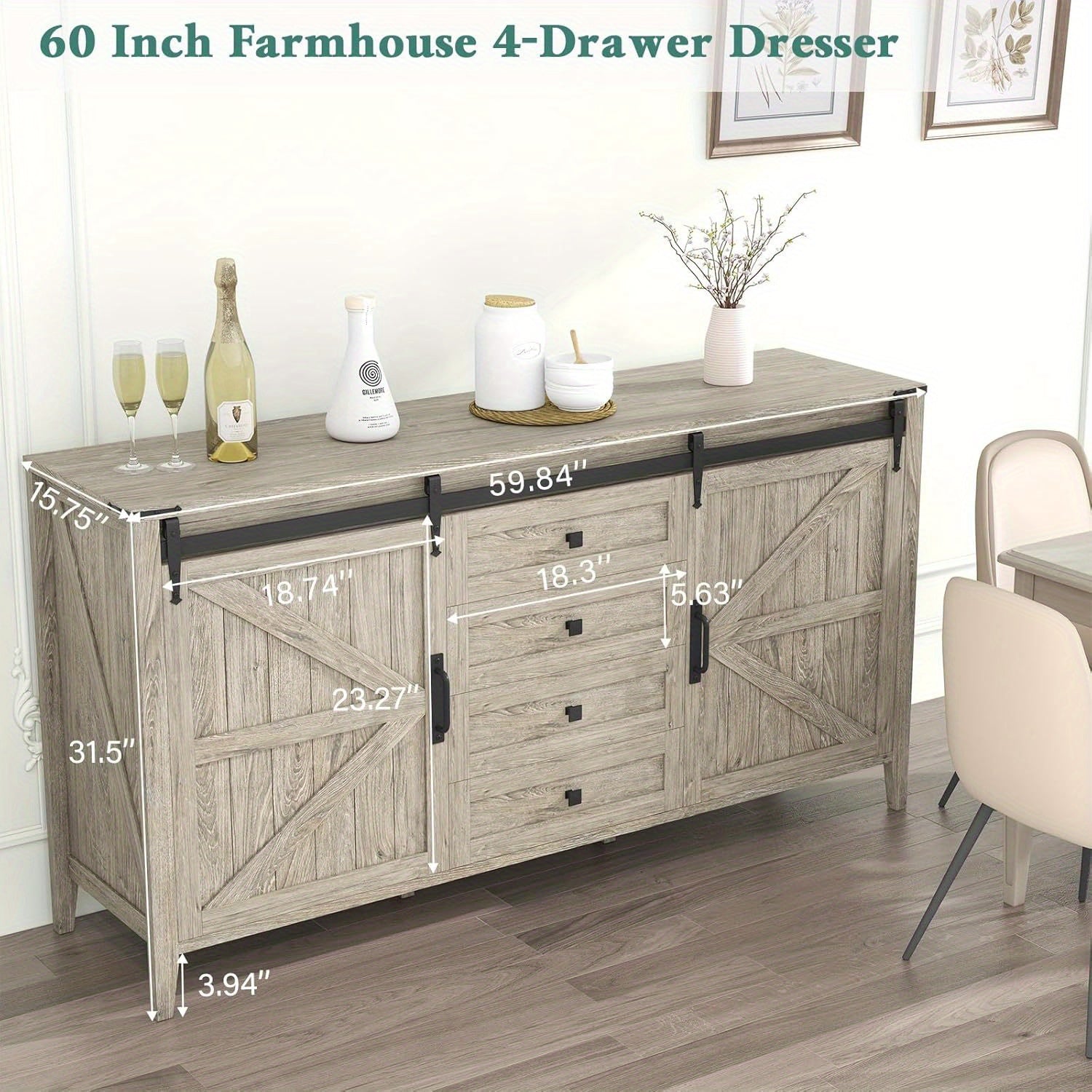 152cm Farmhouse 4 Drawers Dresser for Bedroom with Sliding Barn Doors, Natural Texture Wood Rustic Chest of Drawers for Living Room Bedroom Hallway Driftwood Gray