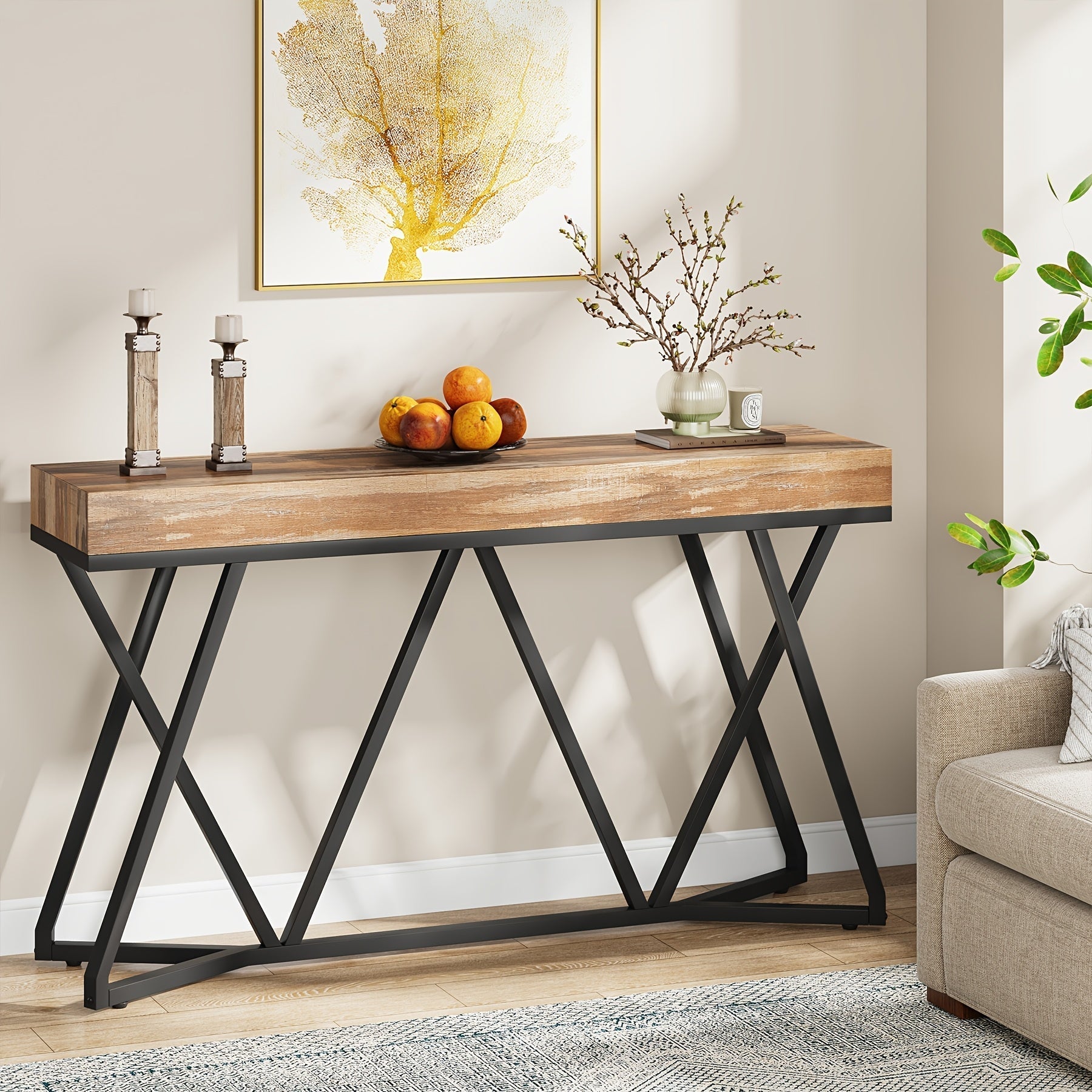 140 cm Farmhouse Industrial Entryway Table with Metal Base, Wood Console Sofa Table for Living Room, Hallway, Entrance - Black Frame with Brown Top, Under 90.7 L Storage Capacity, Over 68.6 cm Height