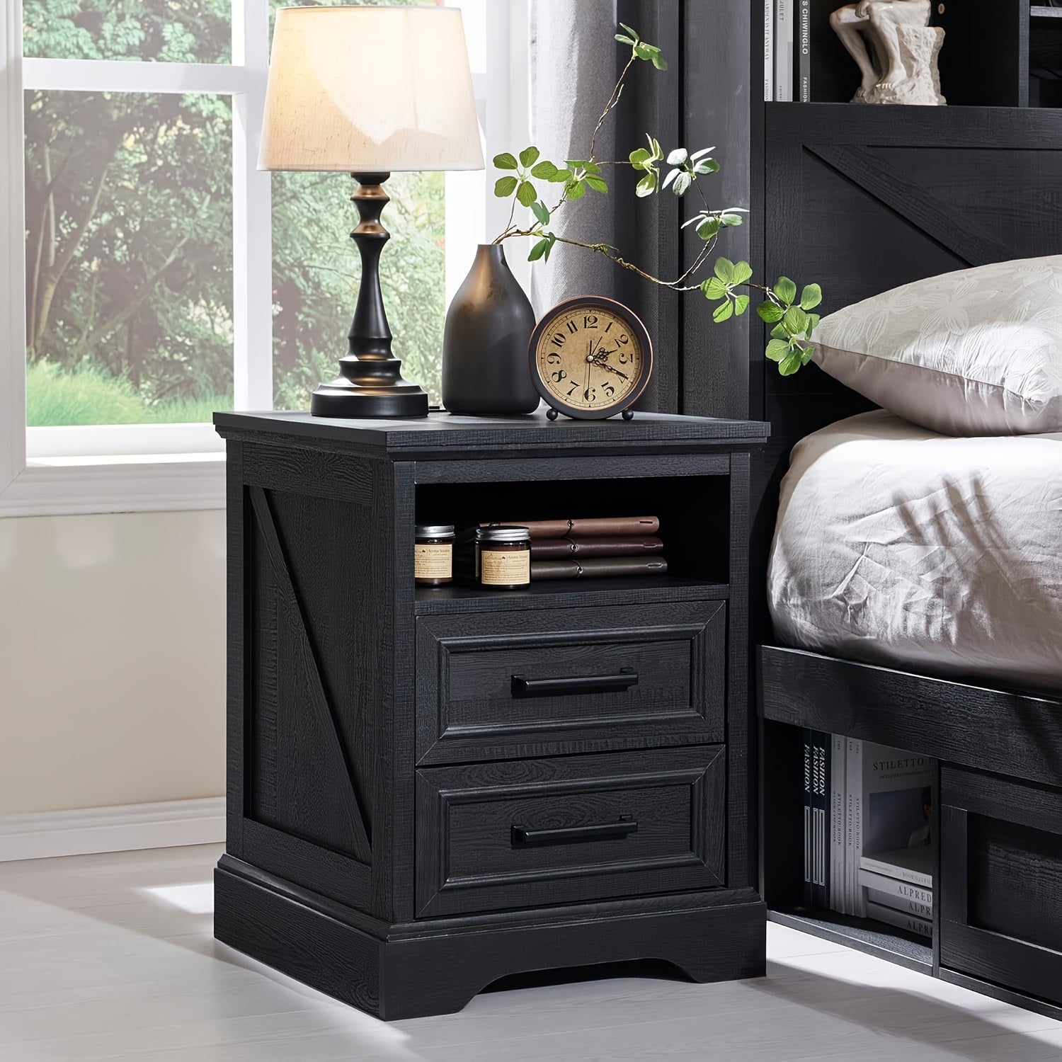 46cm Farmhouse Nightstand With Charging Station, End Table With 2 Drawers Storage, Side Table, Bedside Cabinet For Bedroom, Living Room