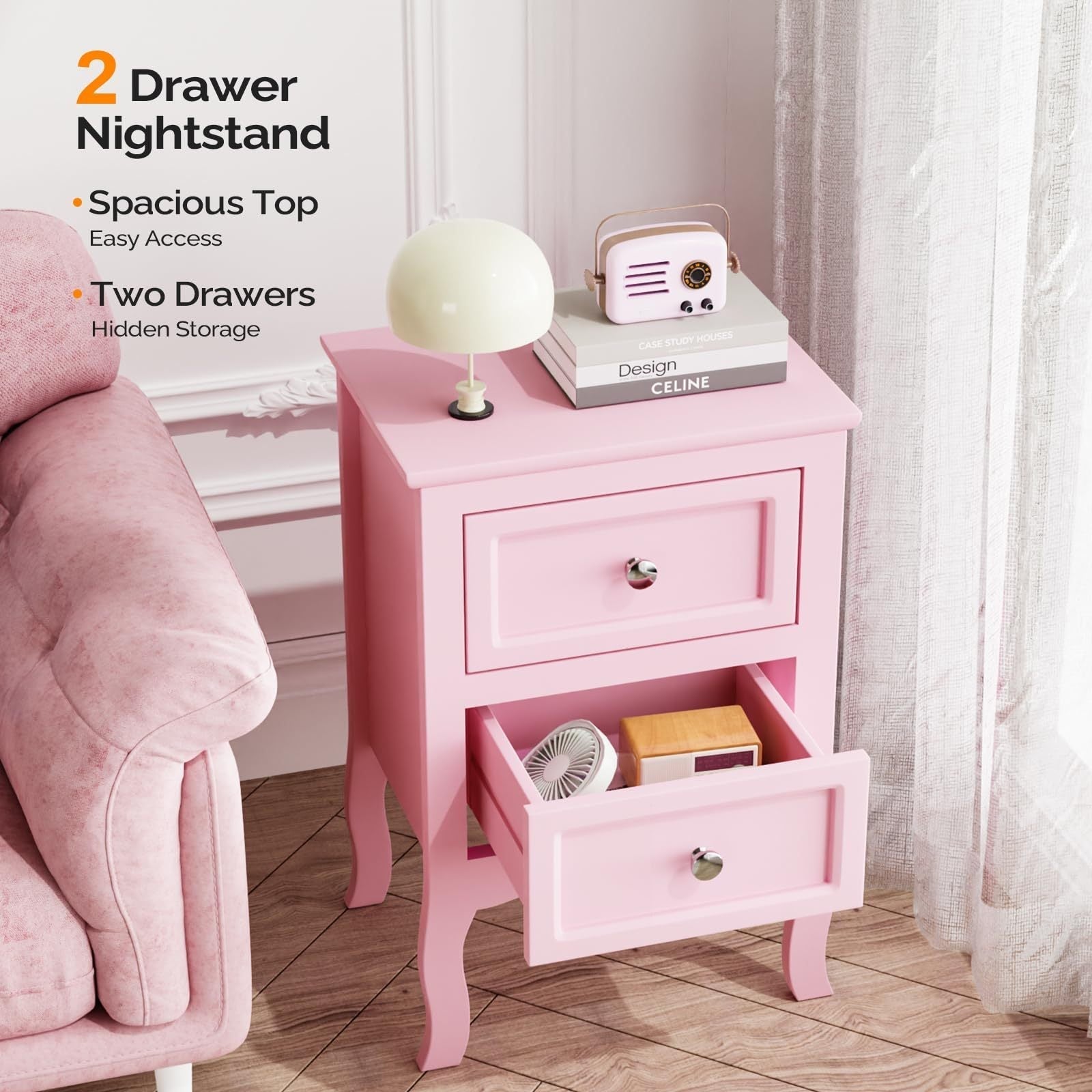 Nightstand with 2 Drawers, Night Stands for Bedrooms, Small Bed Side Table/ Night Stand with Drawers for Small Spaces