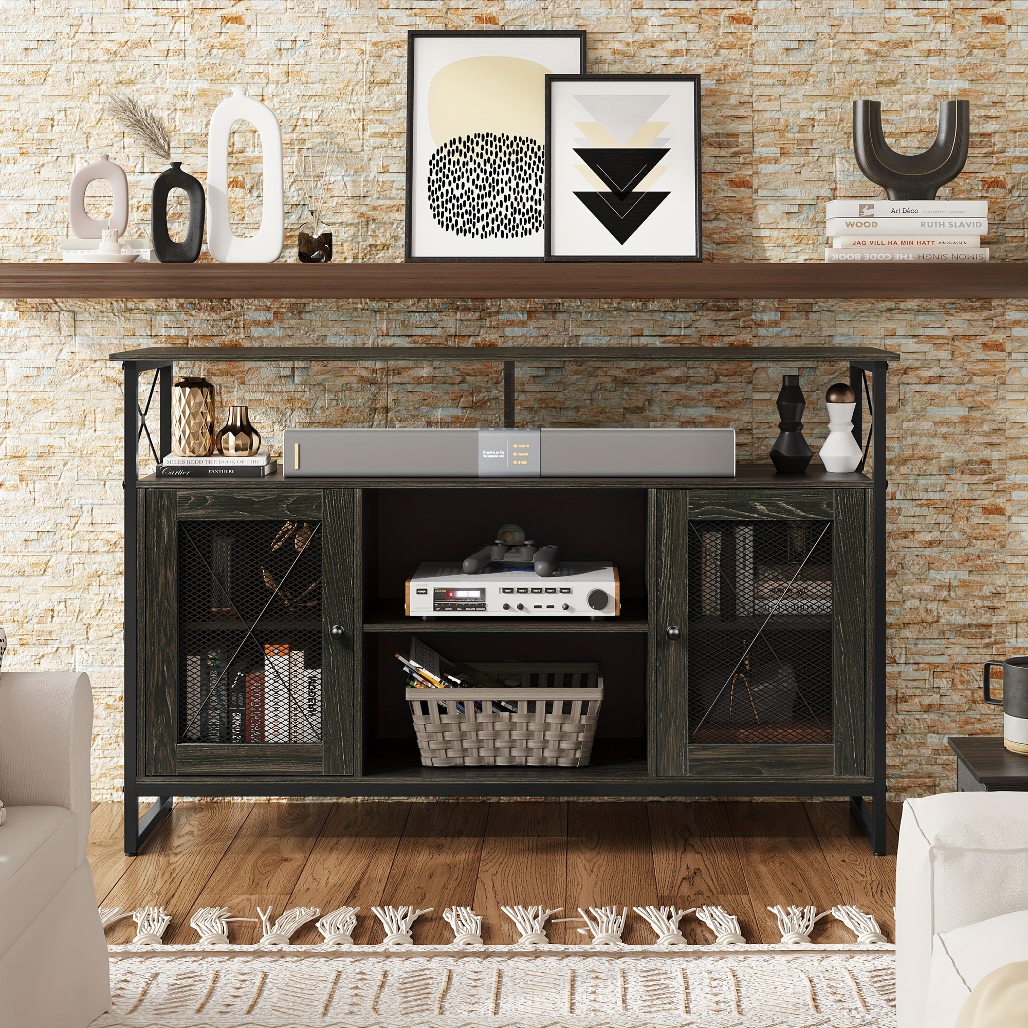 TV Stand 168cm TV, Tall Entertainment Center with Storage, Farmhouse Industrial TV Console for Bedroom Living Room