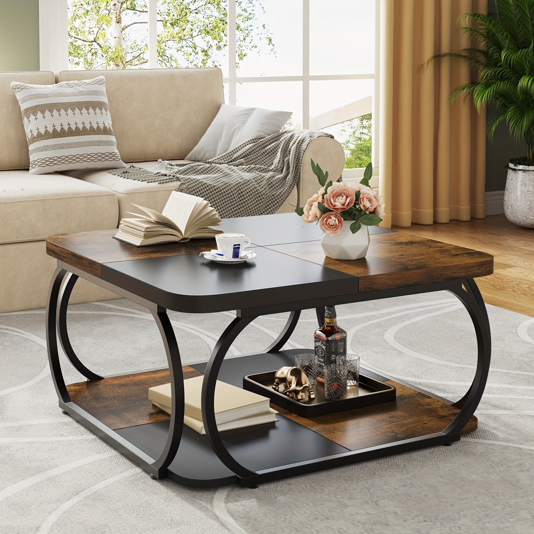 Square Coffee Table with 2 Tiers, 102cm Farmhouse Coffee Table with Wood Storage Shelf Heavy Duty Metal Curved Frame for Modern Living Room