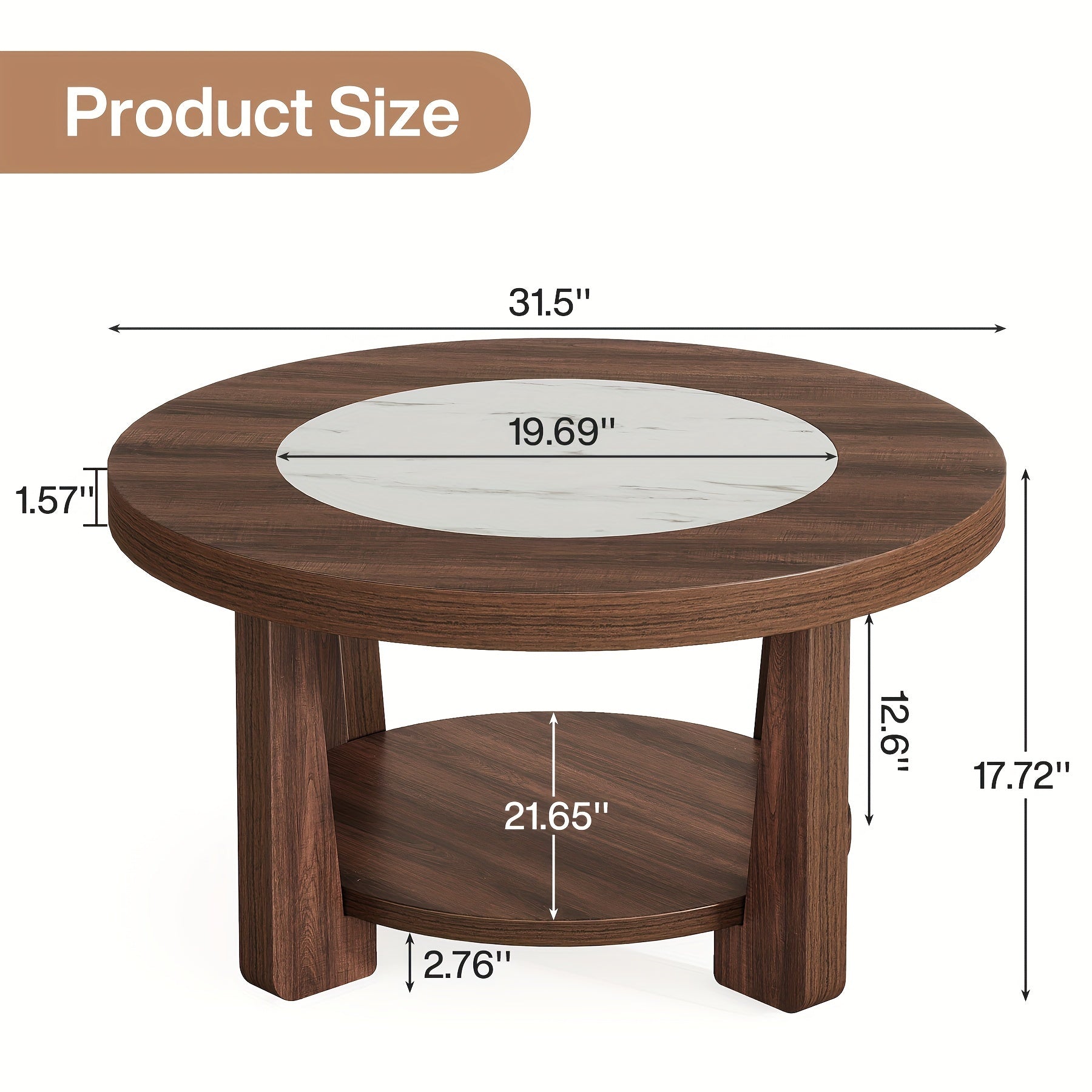 Vintage-Style 2-Tier Round Wood Coffee Table With Storage, Brown And White Accent Centerpiece For Living Room