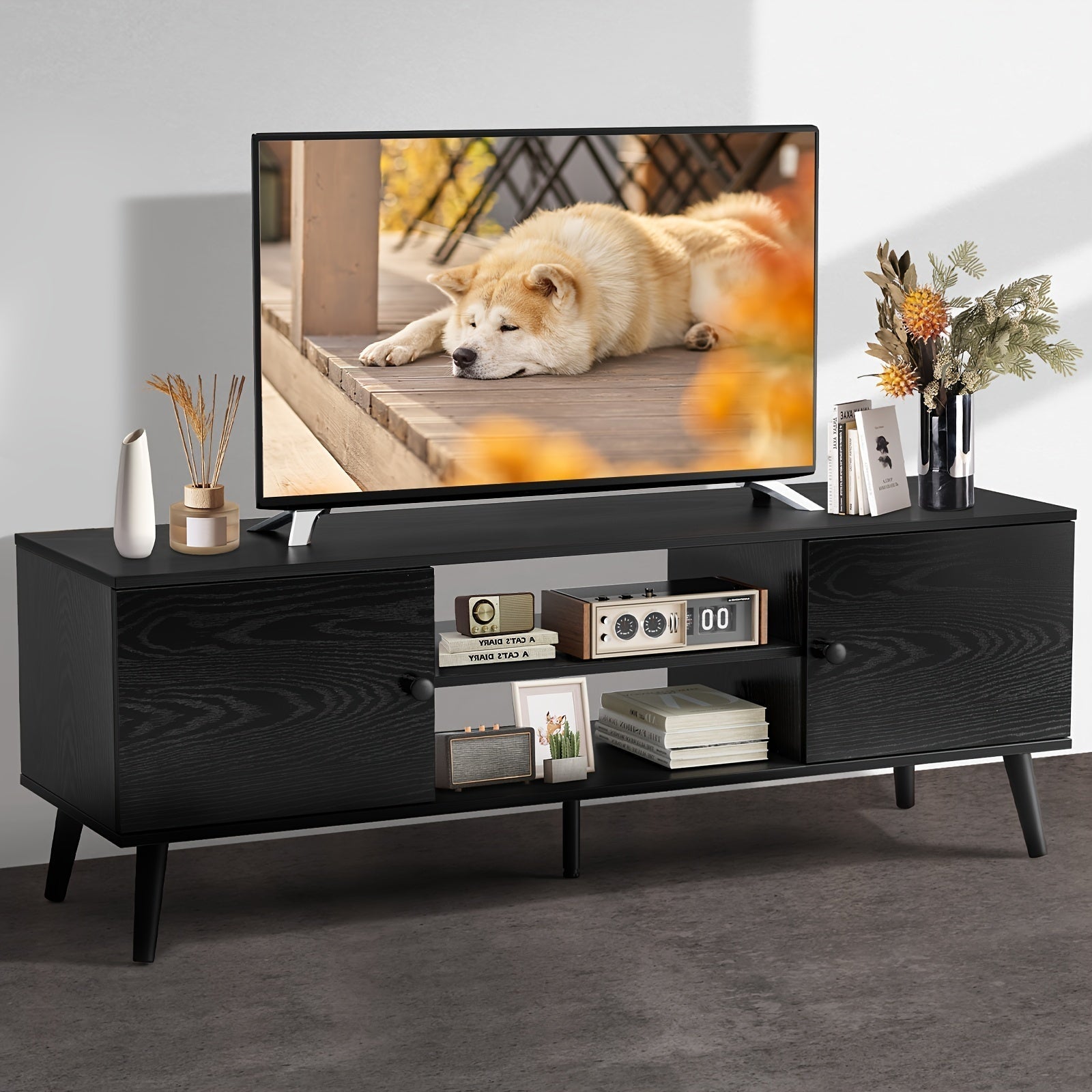 TV Stands For Living Room, Entertainment Center With Storage Cabinet, Media Console Table Stand Up To 152cm For Bedroom, Black/Brown