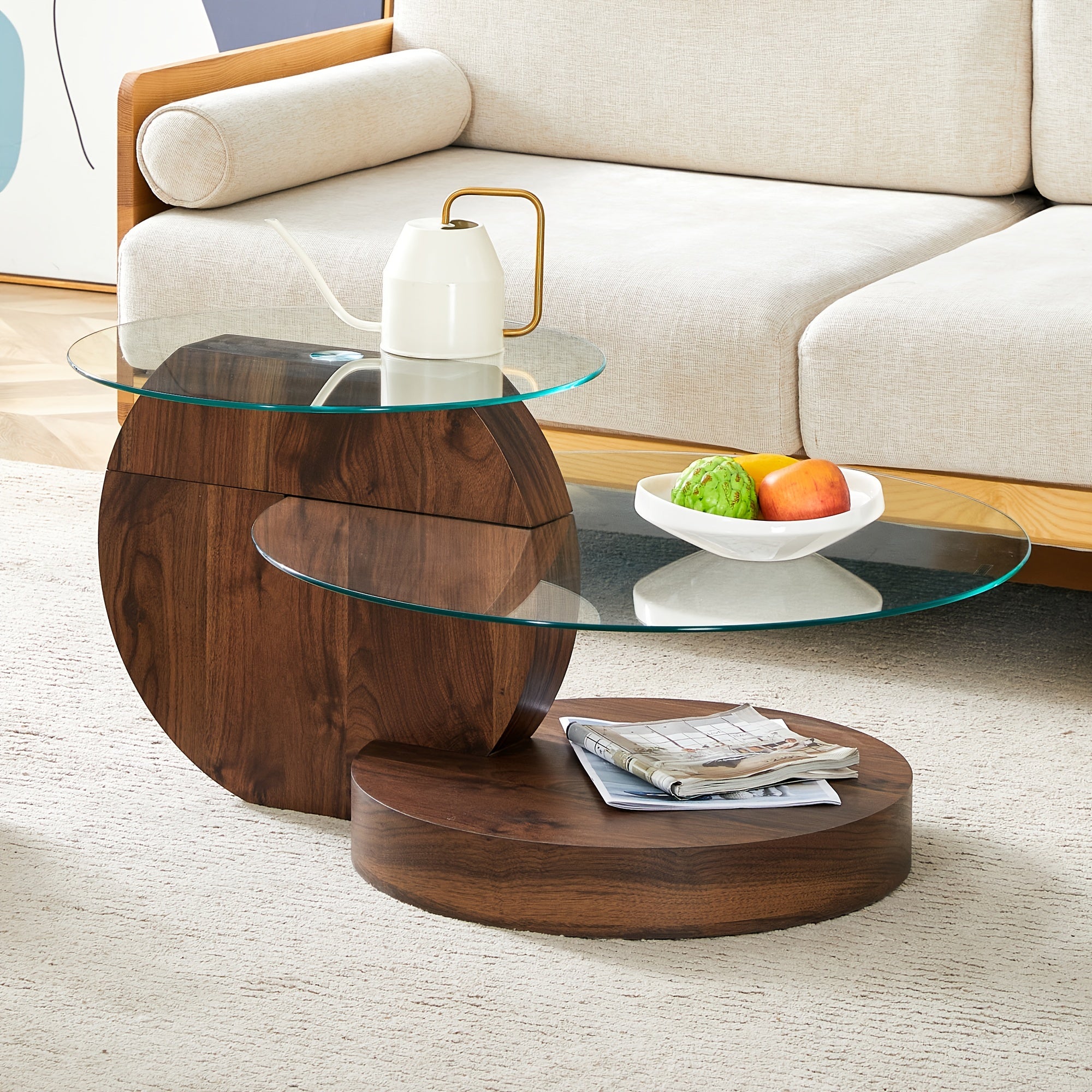 Modern And Practical Double-deck Round Table. Glass Countertop, Wood Color MDF Table Legs. Suitable For Living Room And Bedroom