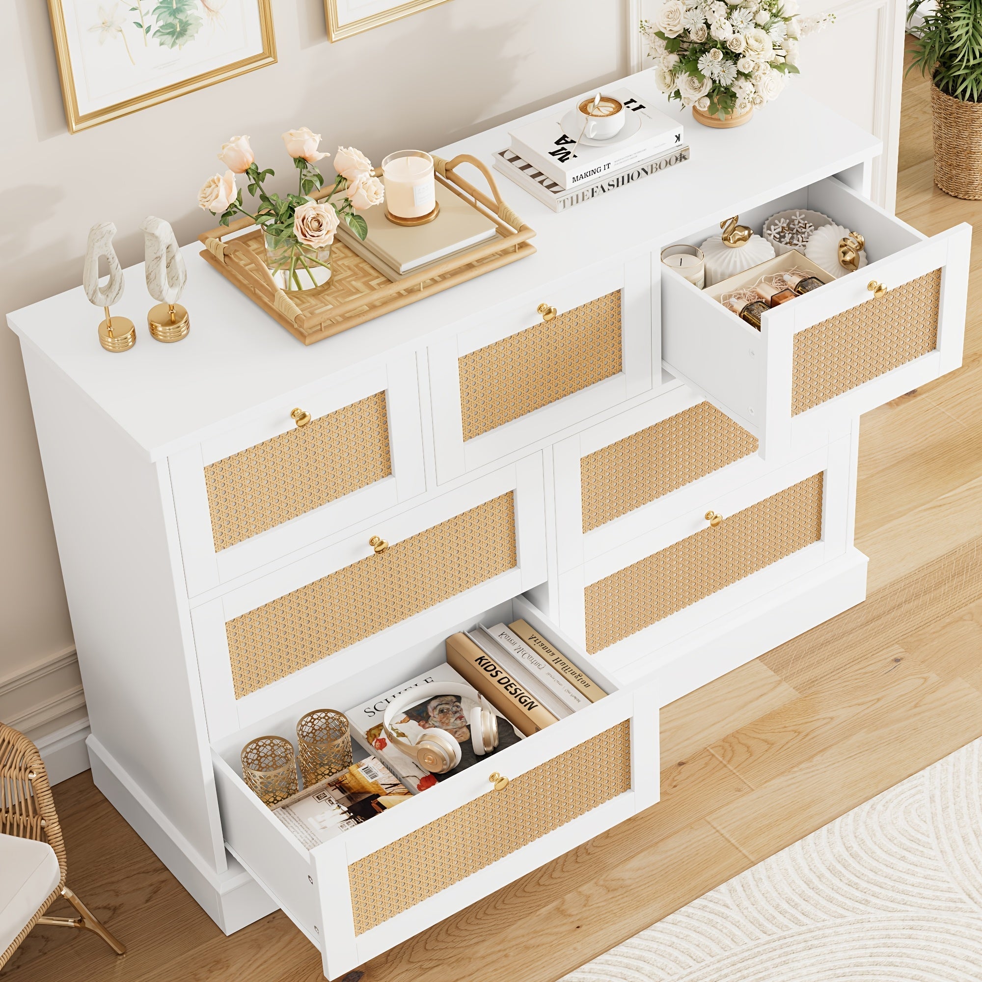 1pc Modern White Rattan Dresser with 7 Drawers - Wall Mount, No Wood, Electricity-Free, Spacious Closed Storage <3.2 Cubic Feet, Sturdy Over 27" Height, Golden Handles, Bedroom Storage Chest