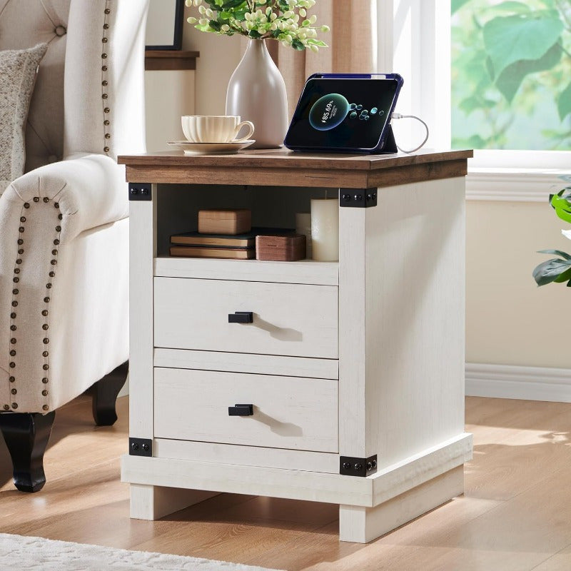 Rustic Farmhouse Nightstand with Charging Station - 18" Wood End Table with 2 Storage Drawers, Ideal for Bedroom & Living Room