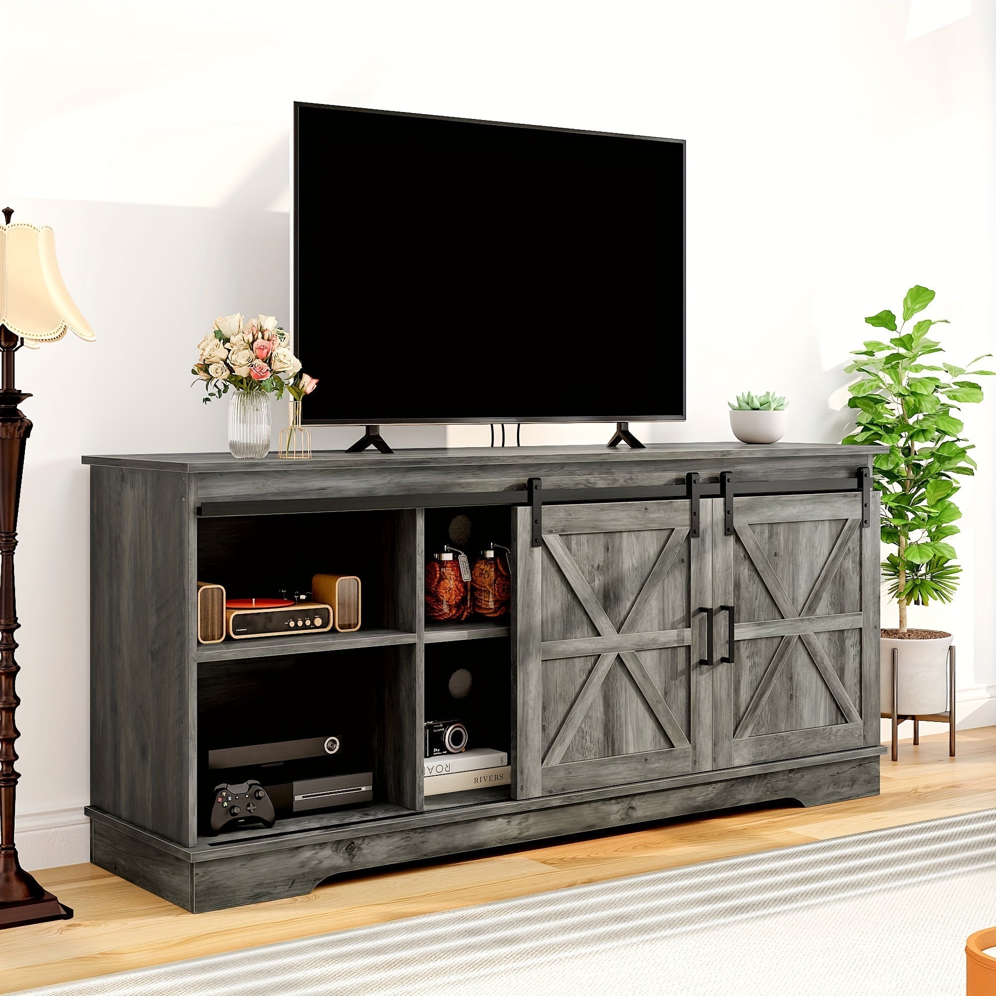 Farmhouse TV Stand for TVs up to 165cm, Entertainment Center with Barn Doors, TV Media Console Cabinet, Grey Wash