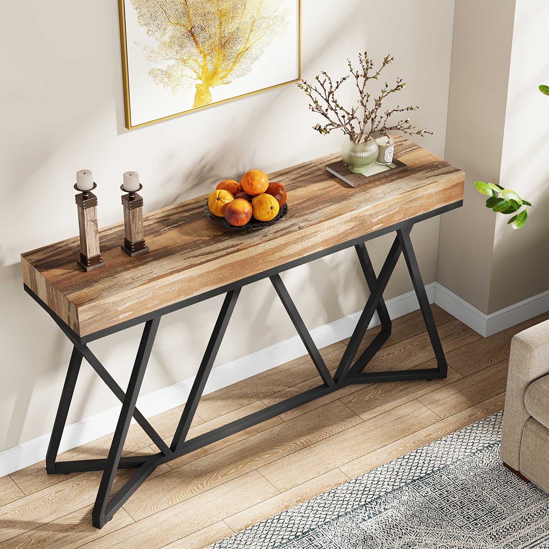 140 cm Farmhouse Industrial Entryway Table with Metal Base, Wood Console Sofa Table for Living Room, Hallway, Entrance - Black Frame with Brown Top, Under 90.7 L Storage Capacity, Over 68.6 cm Height