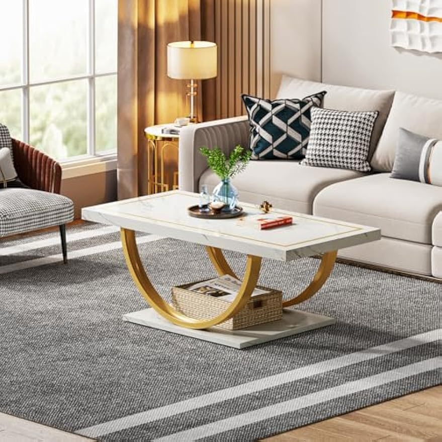 Modern Coffee Table Faux Marble White Golden Coffee Table Rectangle Coffee Table for Living Room, Engineered Wood Coffee Table with Faux Marble Veneer and Heavy Duty Metal Frame, Storage Racks for garage