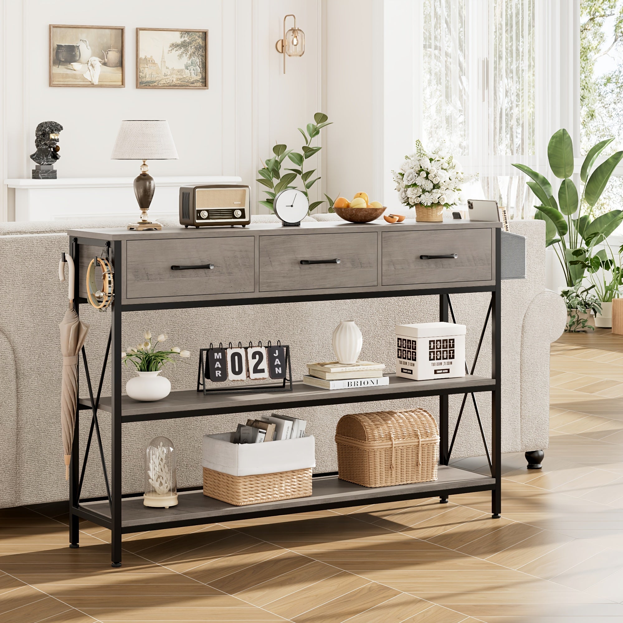 Industrial Console Table With 3 Drawers, Vintage Hallway Foyer Table With Storage Shelves, Narrow Long Sofa Entryway Table For Living Room (Dimensions in cm)