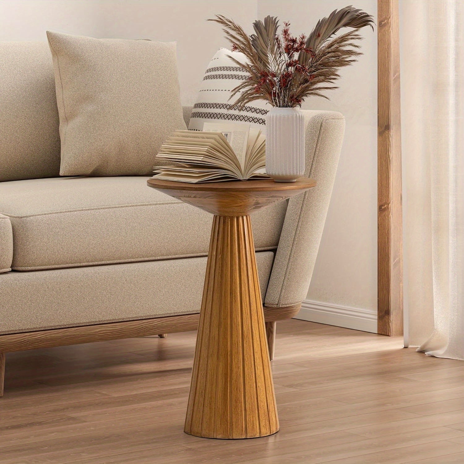 Space-Saving Walnut Round Pedestal End Table - Textured Finish, Tapered Base, Easy One-Step Assembly - Ideal for Small Spaces in Living Room or Bedroom, Table for Living Room