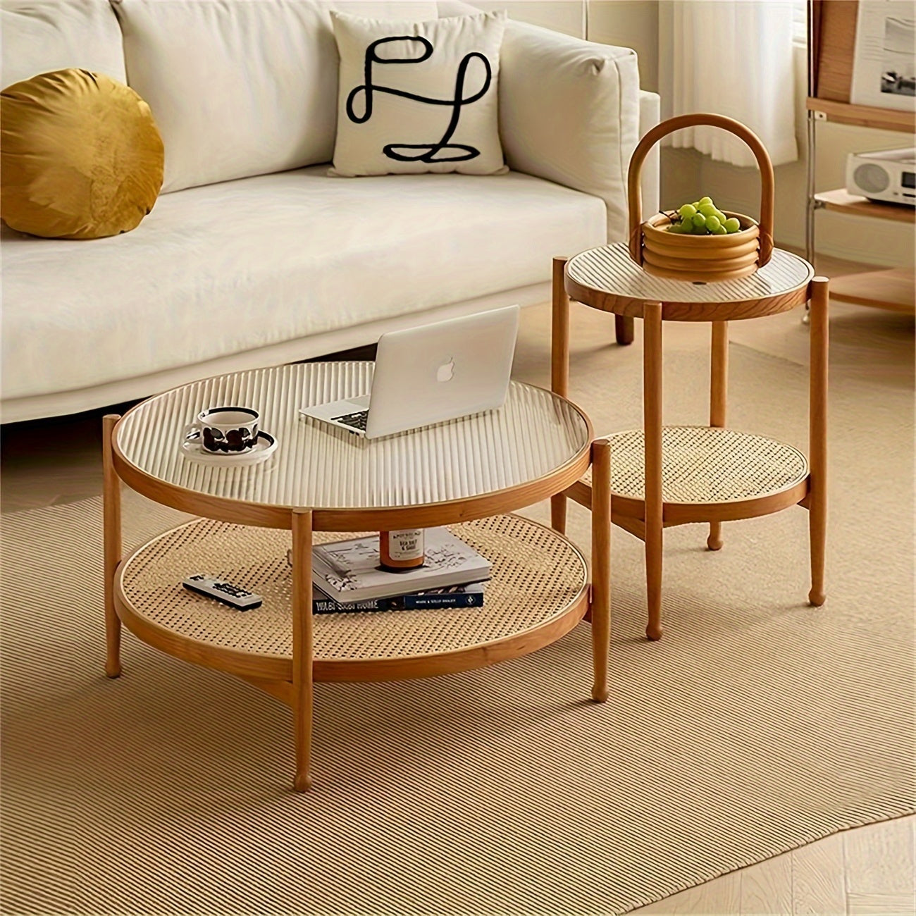 Modern Rattan Woven Tea Table With Glass Desktop, Chinese Simple Round Double-Layer Side Table, Solid Wood Coffee Table For Dining Living Room Lounge Bedroom