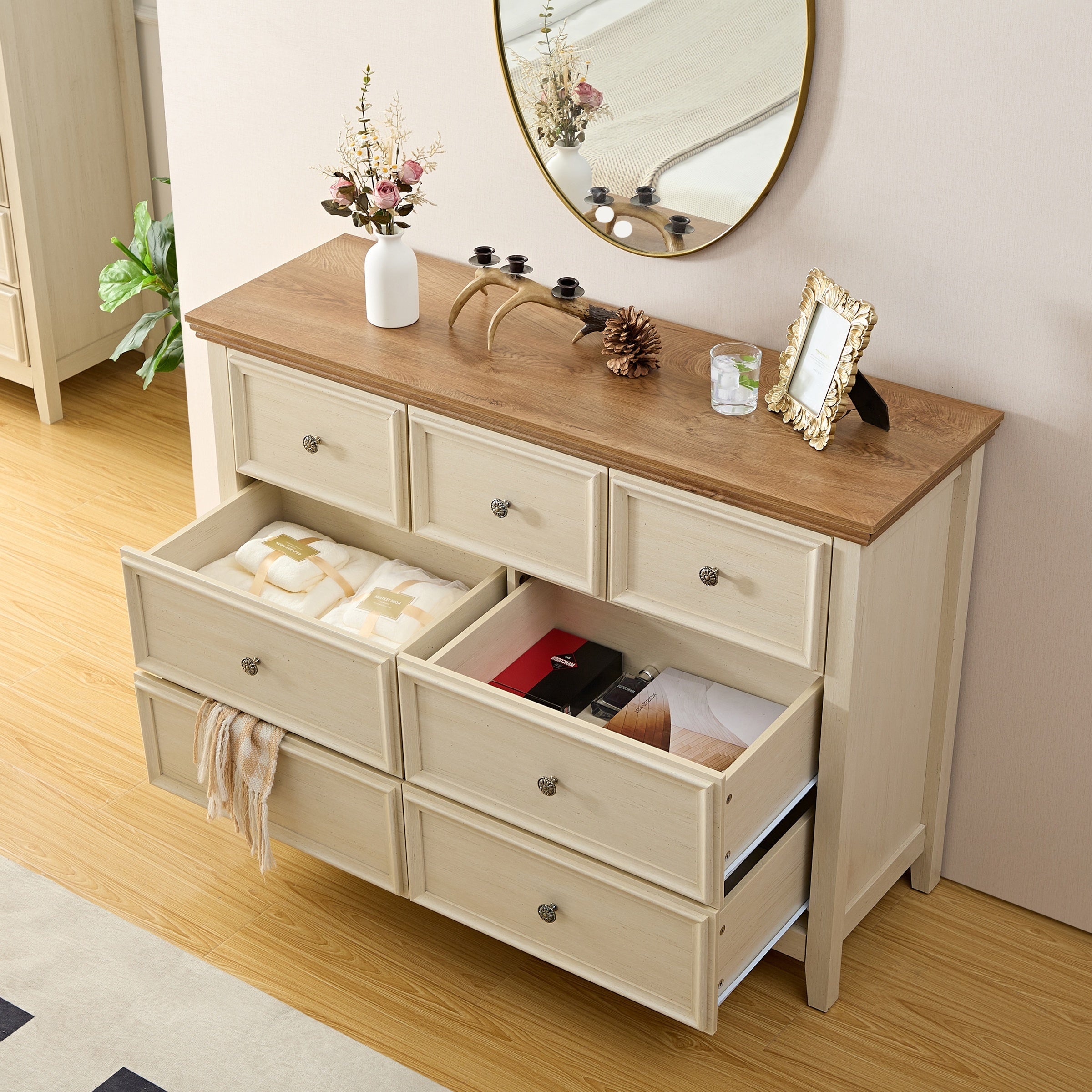 Dresser For Bedroom With 6 Drawers, 5 Drawer Tall Chest Of Drawers For Bedroom Beige Wood, Modern Storage Cabinet With 7 Drawers For Home Office, Dressing Room, Entryway