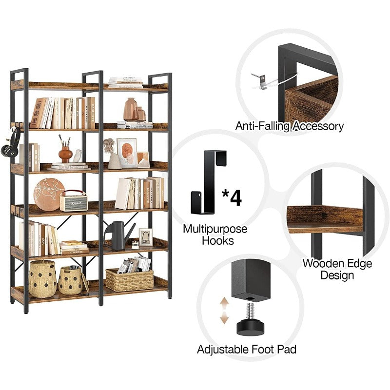 Bookshelf 6 Tier with 4 Hooks, 69 Industrial Wooden Bookcase, Vintage Storage Rack with Open Shelves, Rustic Standing Bookshelves Metal Frame 47.3 Wide Display Rack