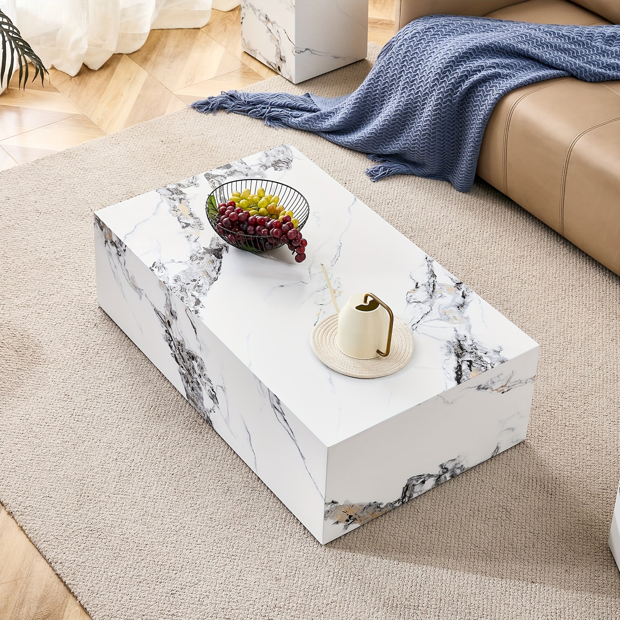 102cm Modern Coffee Table With Marble Pattern, Tea Table With Stylish And Durable Design For Living Room, Dining Room And Bedroom (White).