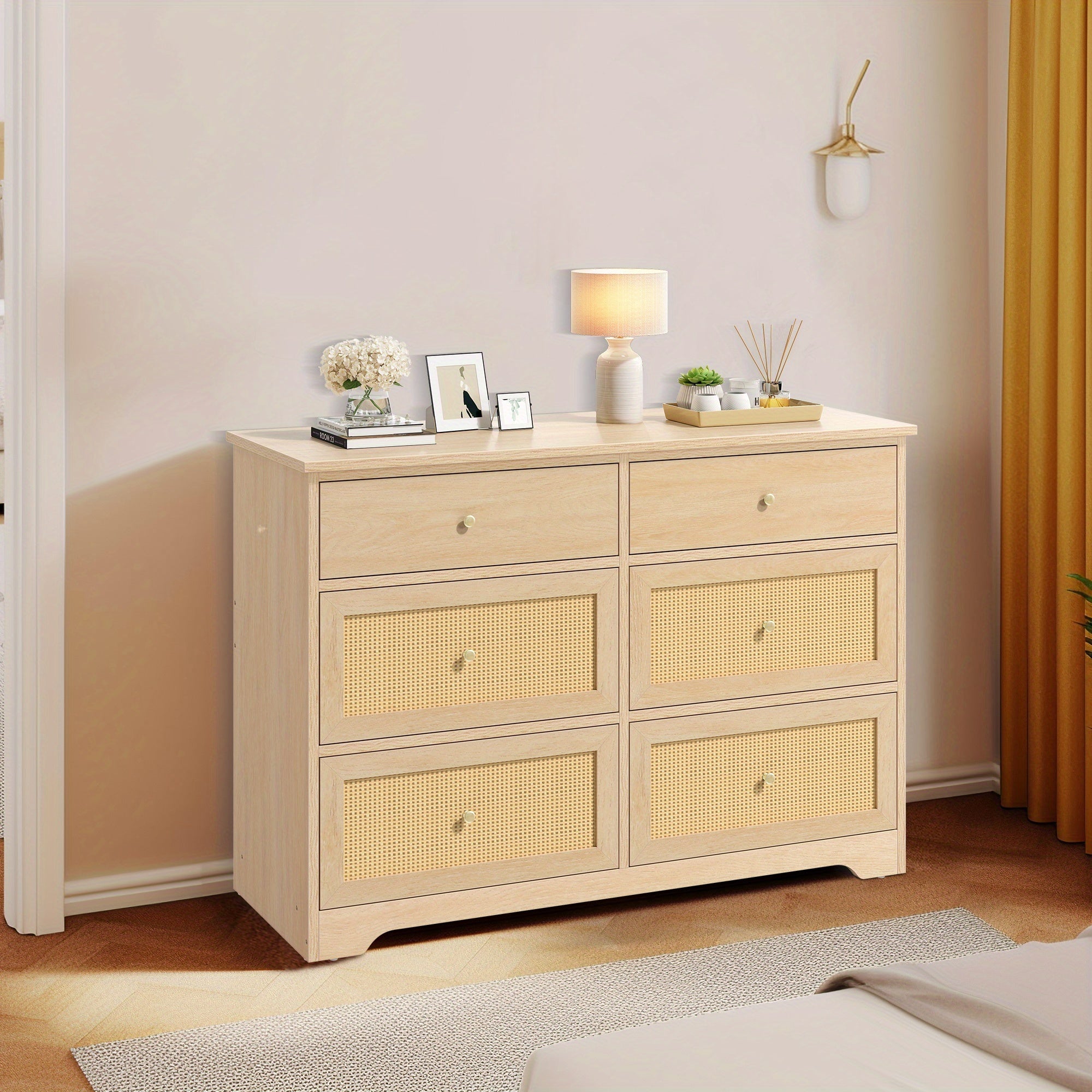 Modern 6-Drawer Dresser - Rattan Accents, Spacious Storage for Bedroom & Living Room, Durable Wood Construction with Golden Metal Pulls, Easy Assembly