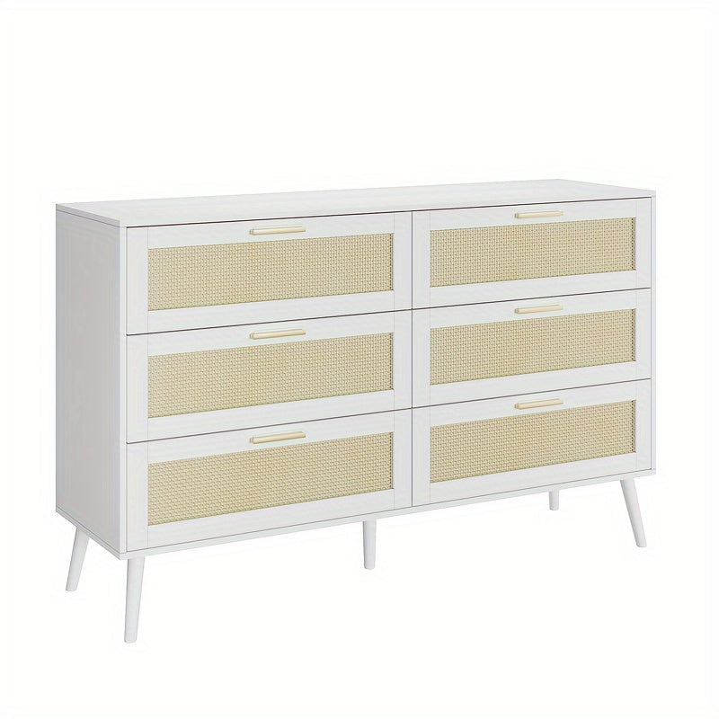 Elegant White Rattan 6-Drawer Dressing Table with Golden Handles | Modern Storage Cabinet with Textured Front Panels | Ample Organizer for Bedroom, Living Room & Hallway | Stylish & Practical, Room Accessories